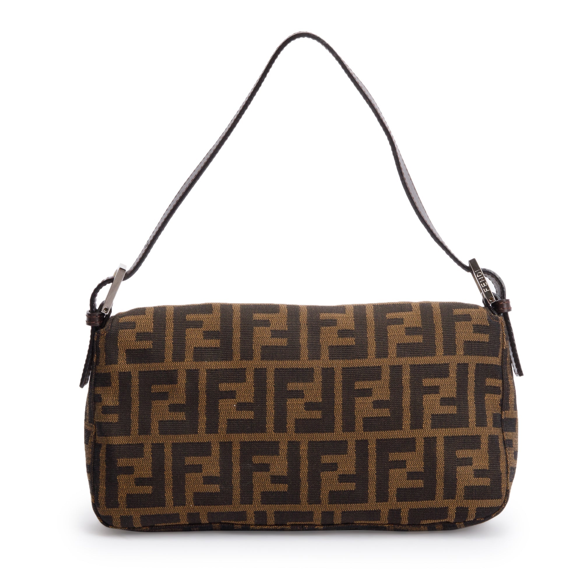 Fendi Brown FF Zucca Canvas Brown Leather Trim Baguette Shoulder Bag