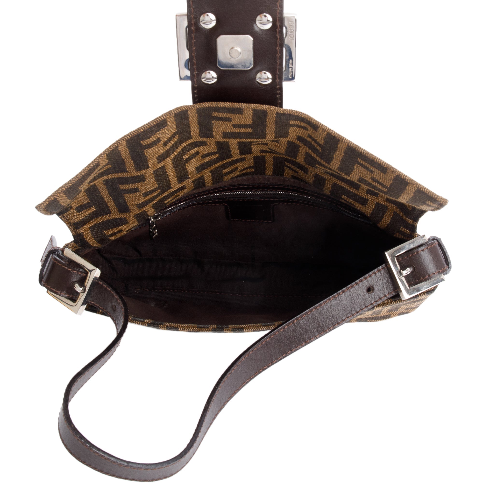 Fendi Brown FF Zucca Canvas Brown Leather Trim Baguette Shoulder Bag