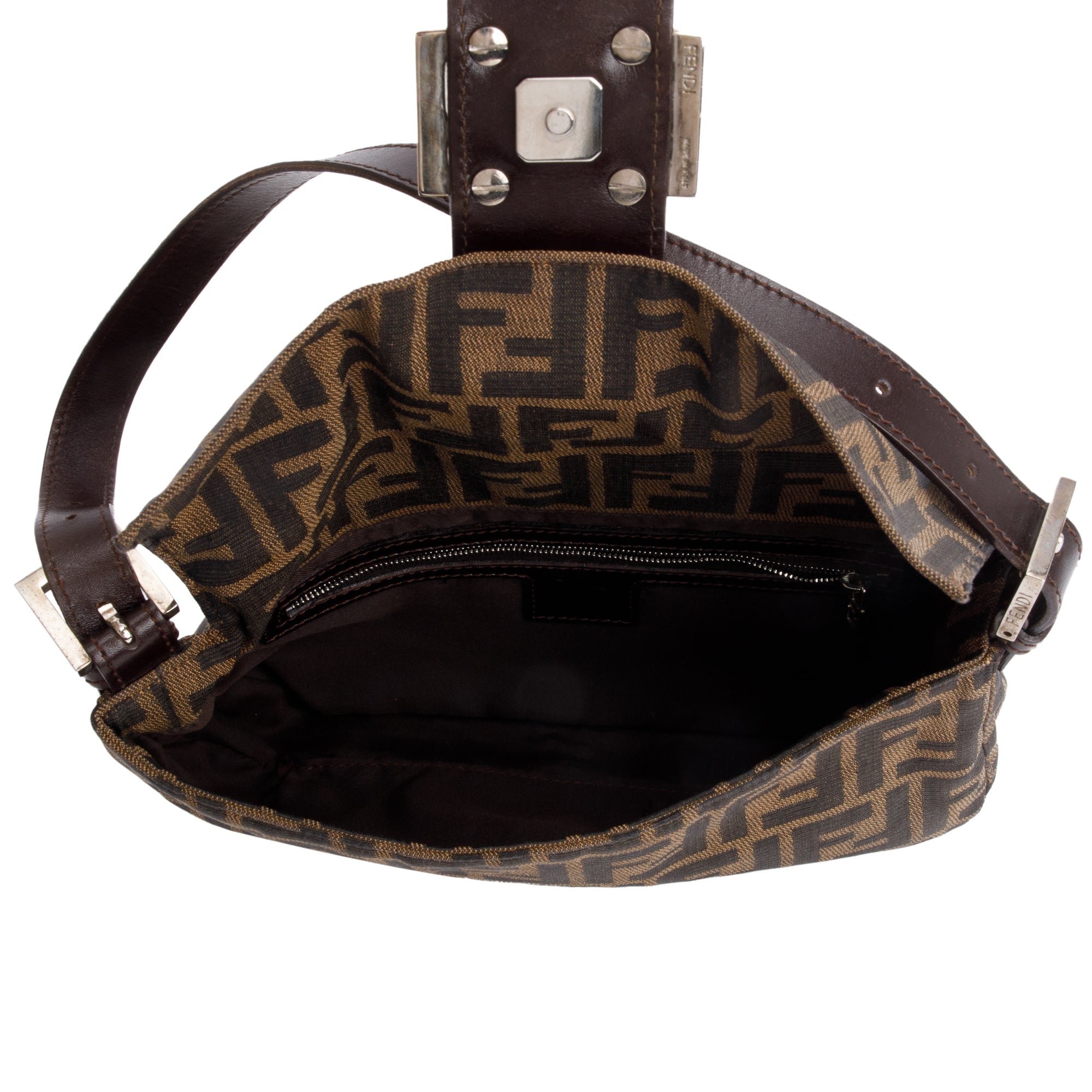 Fendi Brown FF Zucca Canvas Brown Leather Trim Baguette Shoulder Bag