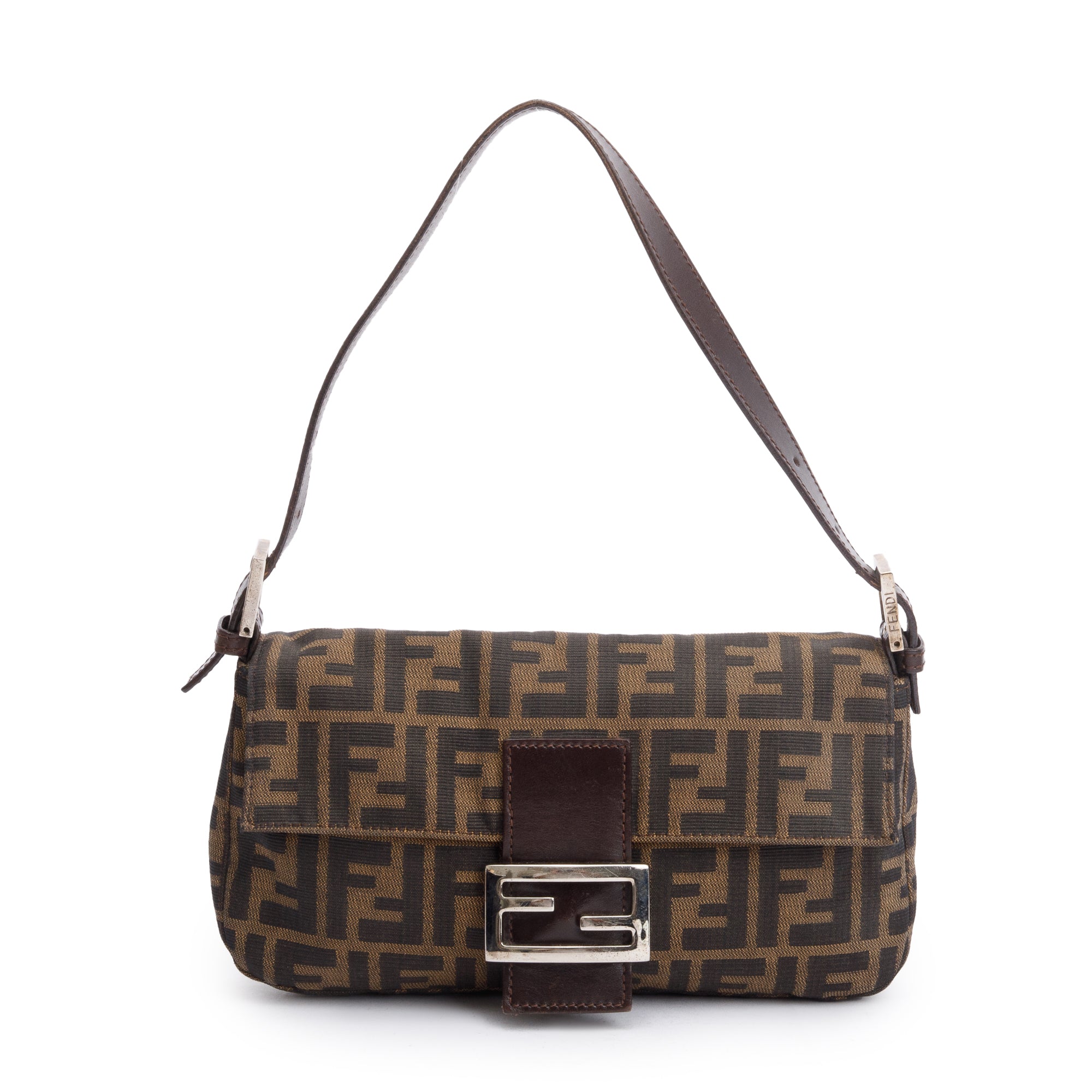 Fendi Brown FF Zucca Canvas Brown Leather Trim Baguette Shoulder Bag