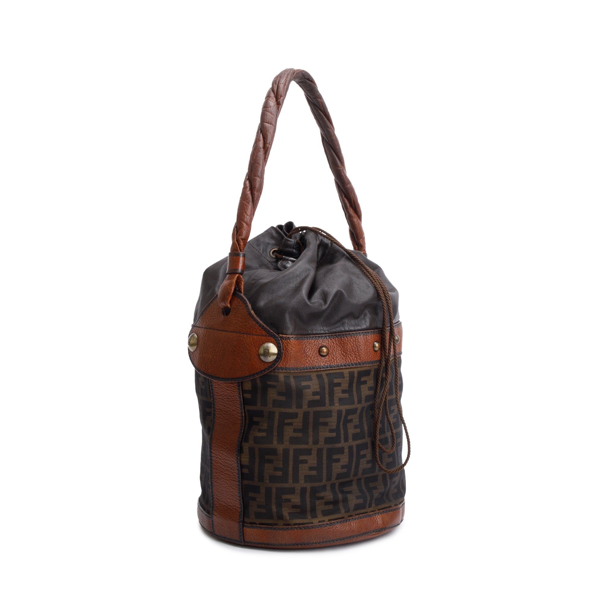 Fendi Brown FF Zucca Canvas Brown Leather Trim Large Palazzo Drawstring Bucket Bag