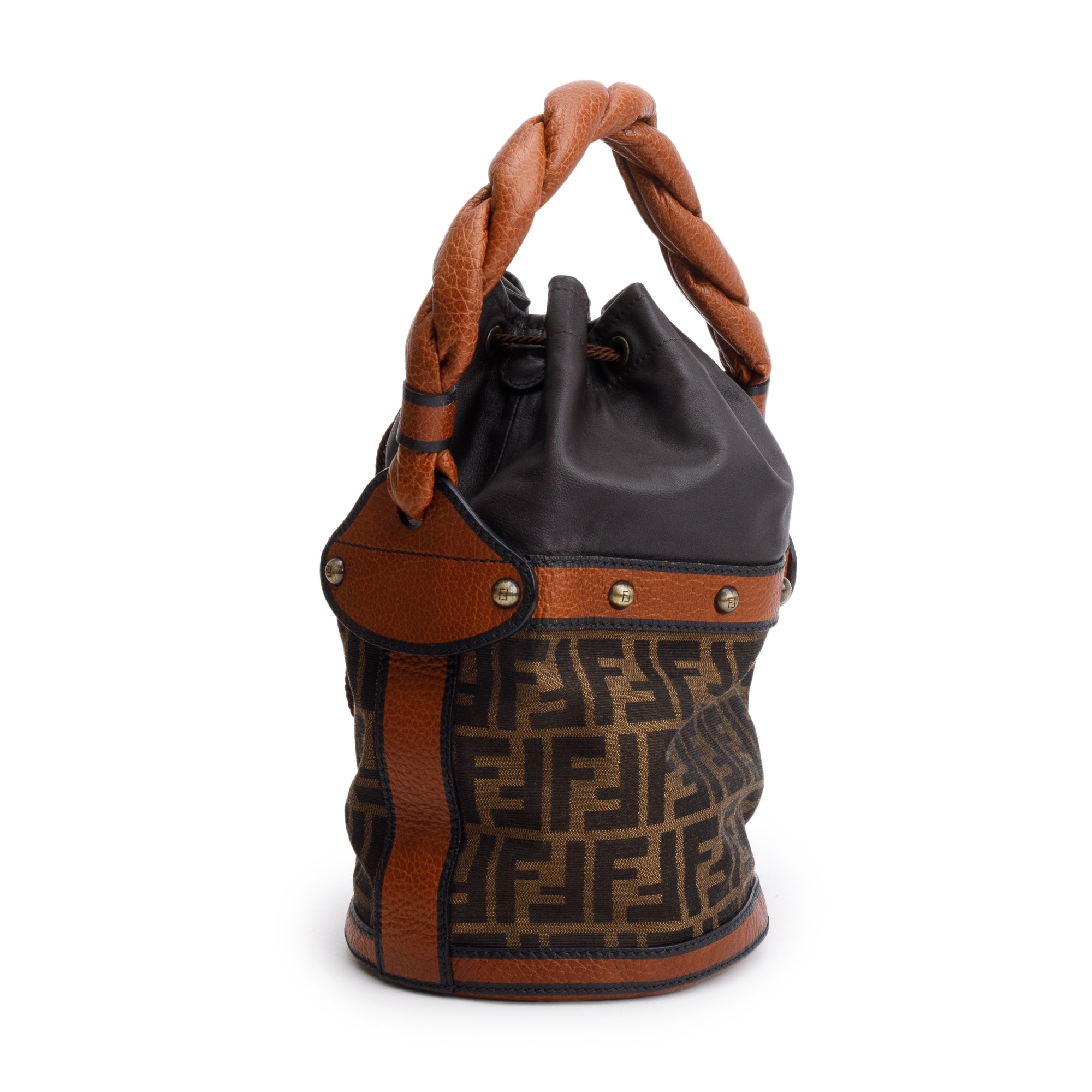 Fendi Brown FF Zucca Canvas Brown Leather Trim Small Palazzo Drawstring Bucket Bag