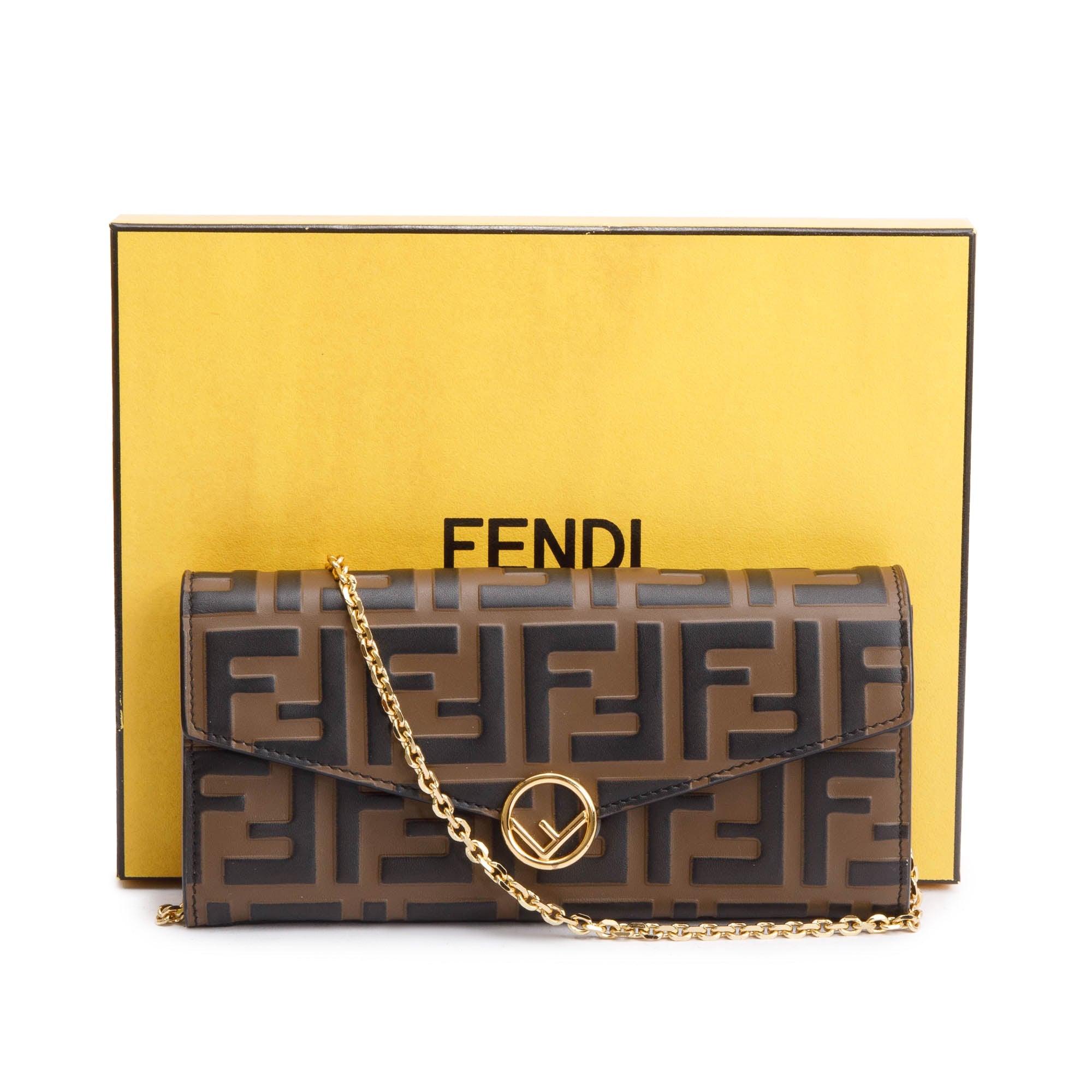 Fendi Brown FF Zucca Embossed Leather Continental Wallet on Chain w/ Box