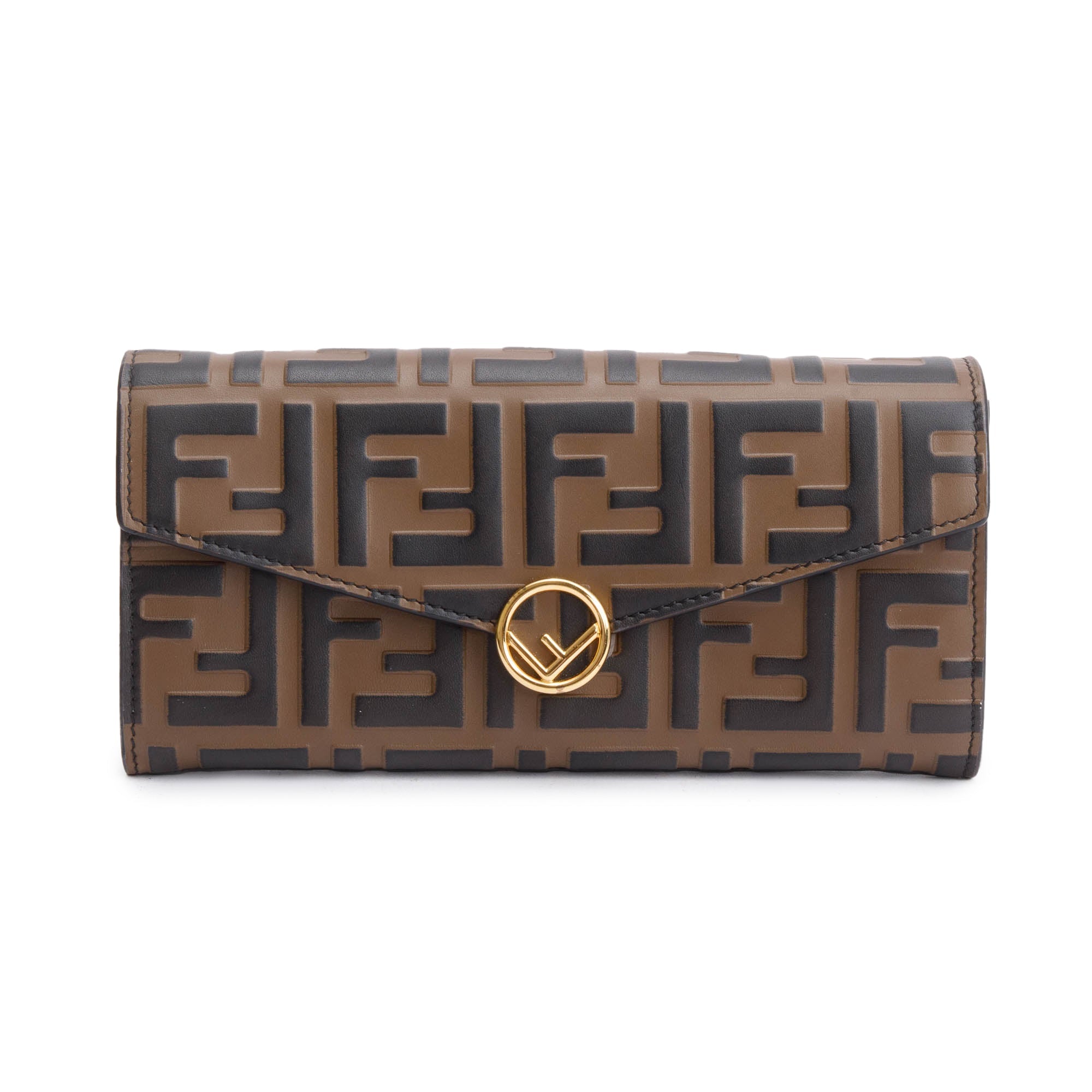 Fendi Brown FF Zucca Embossed Leather Continental Wallet on Chain w/ Box