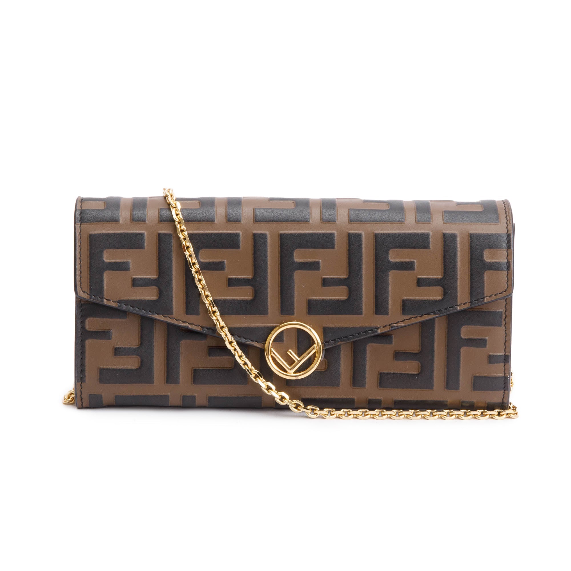 Fendi Brown FF Zucca Embossed Leather Continental Wallet on Chain