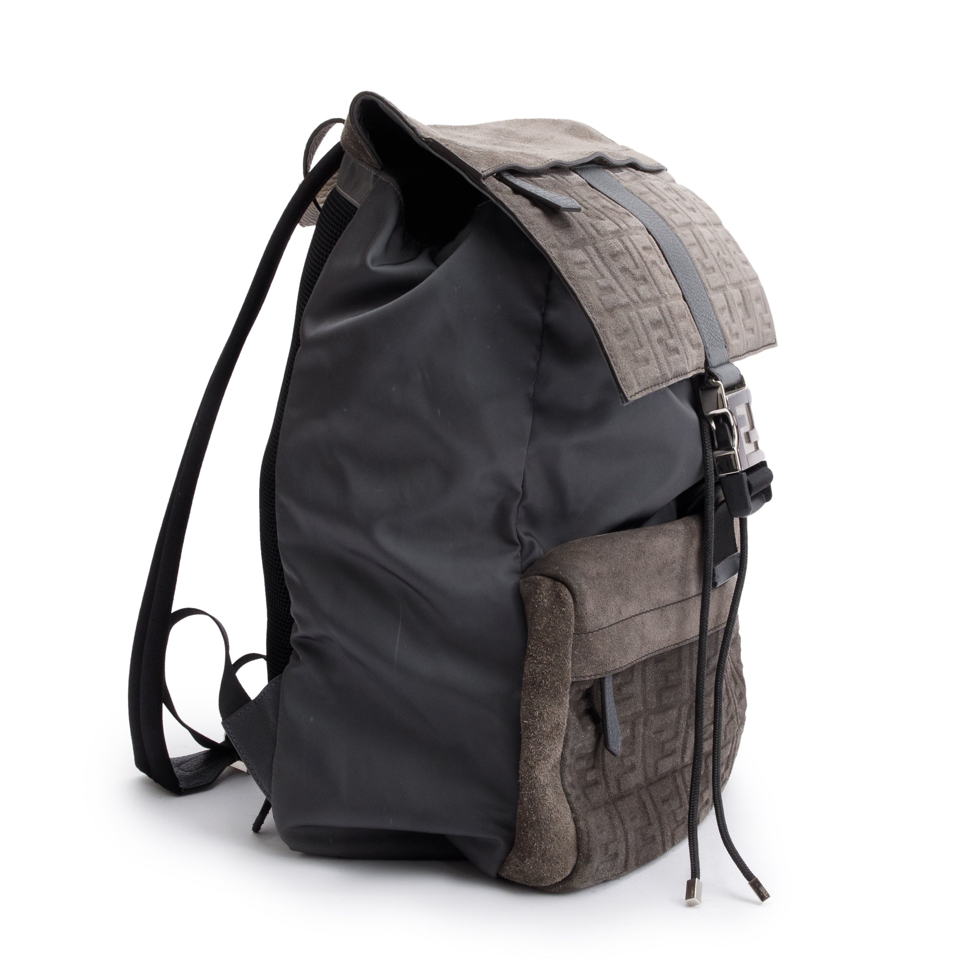 Fendi Brown FF Zucca Embossed Suede Grey Nylon Medium Fendiness Roma Backpack