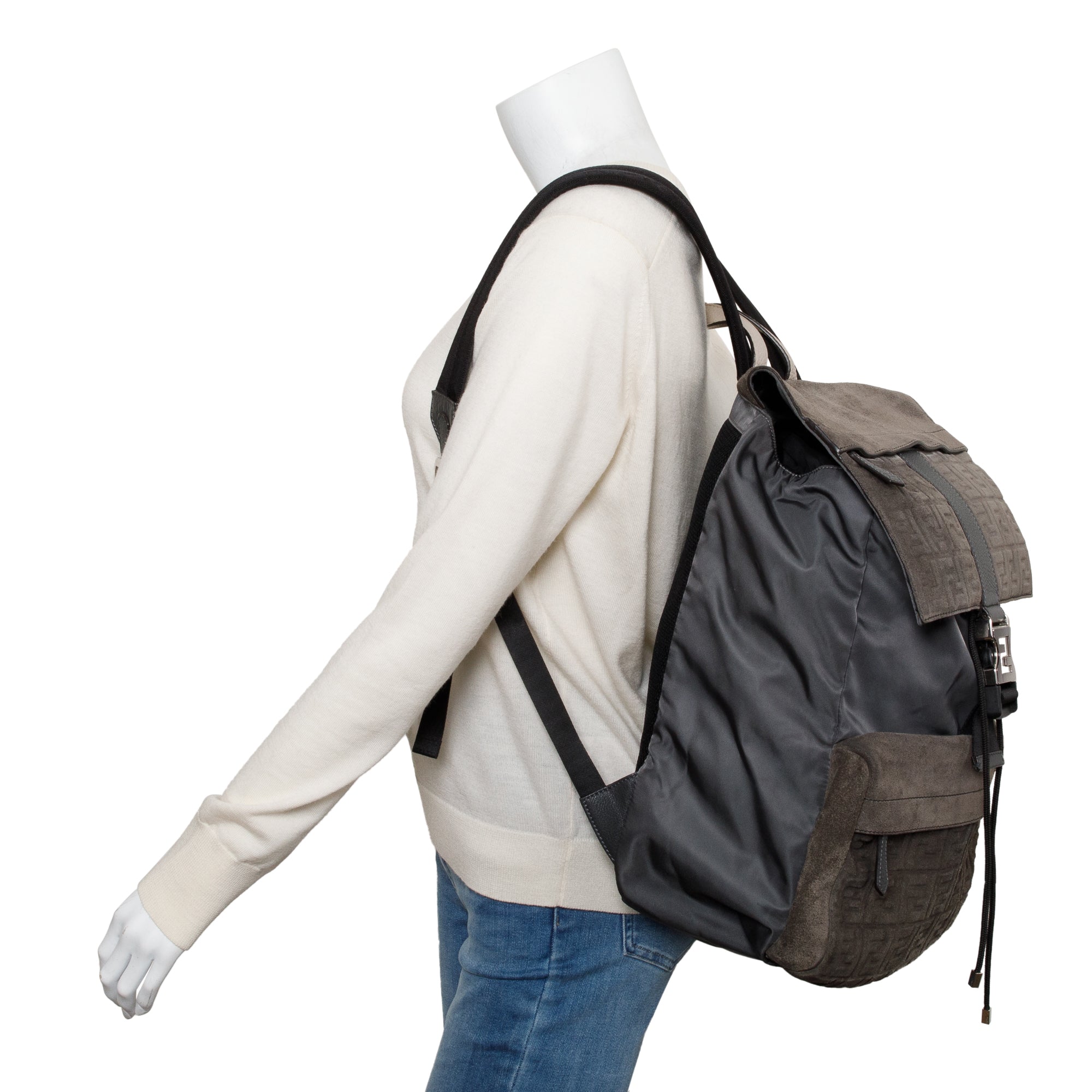 Fendi Brown FF Zucca Embossed Suede Grey Nylon Medium Fendiness Roma Backpack