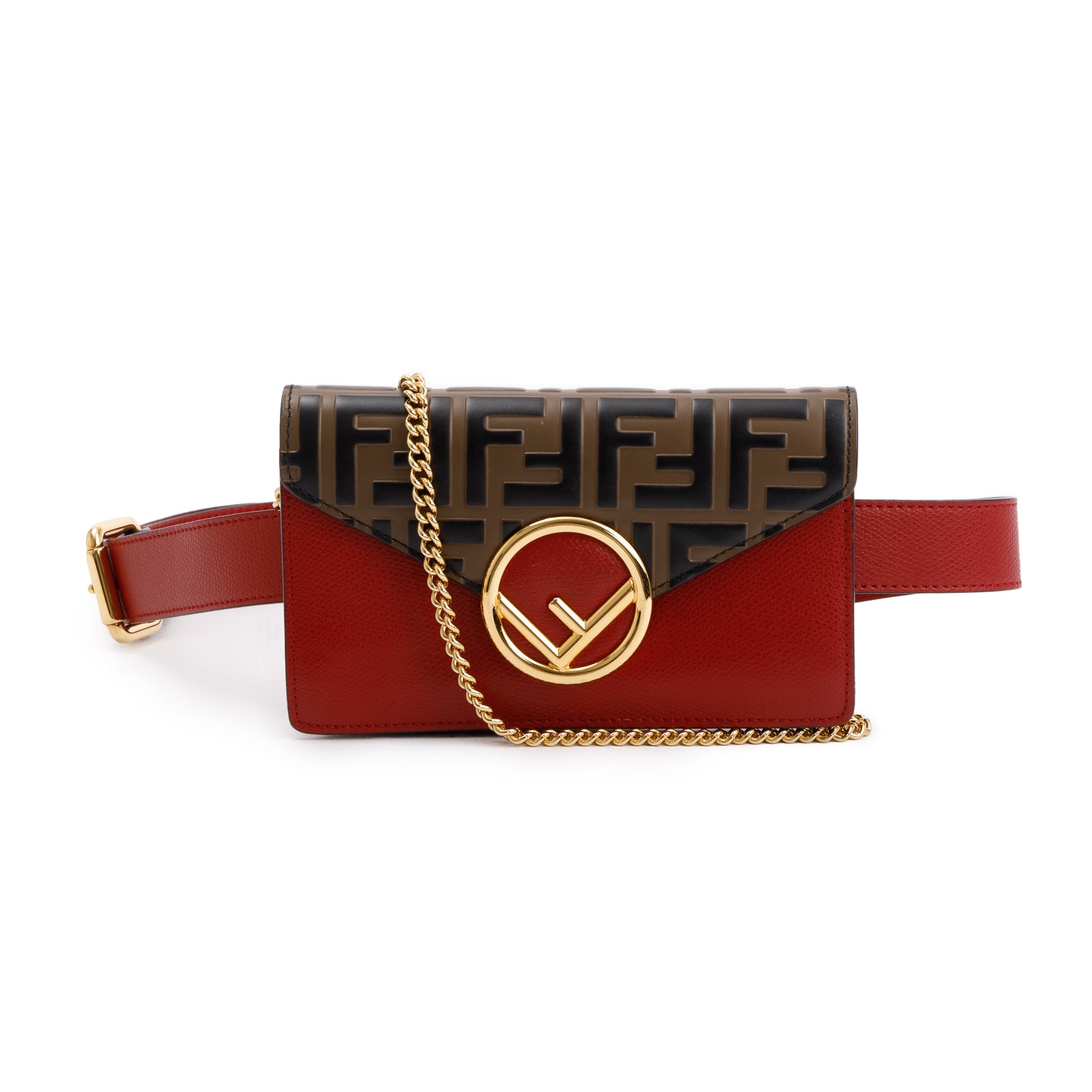 Fendi Brown FF Zucca Embossed and Red Leather F is Fendi Convertible Belt Bag