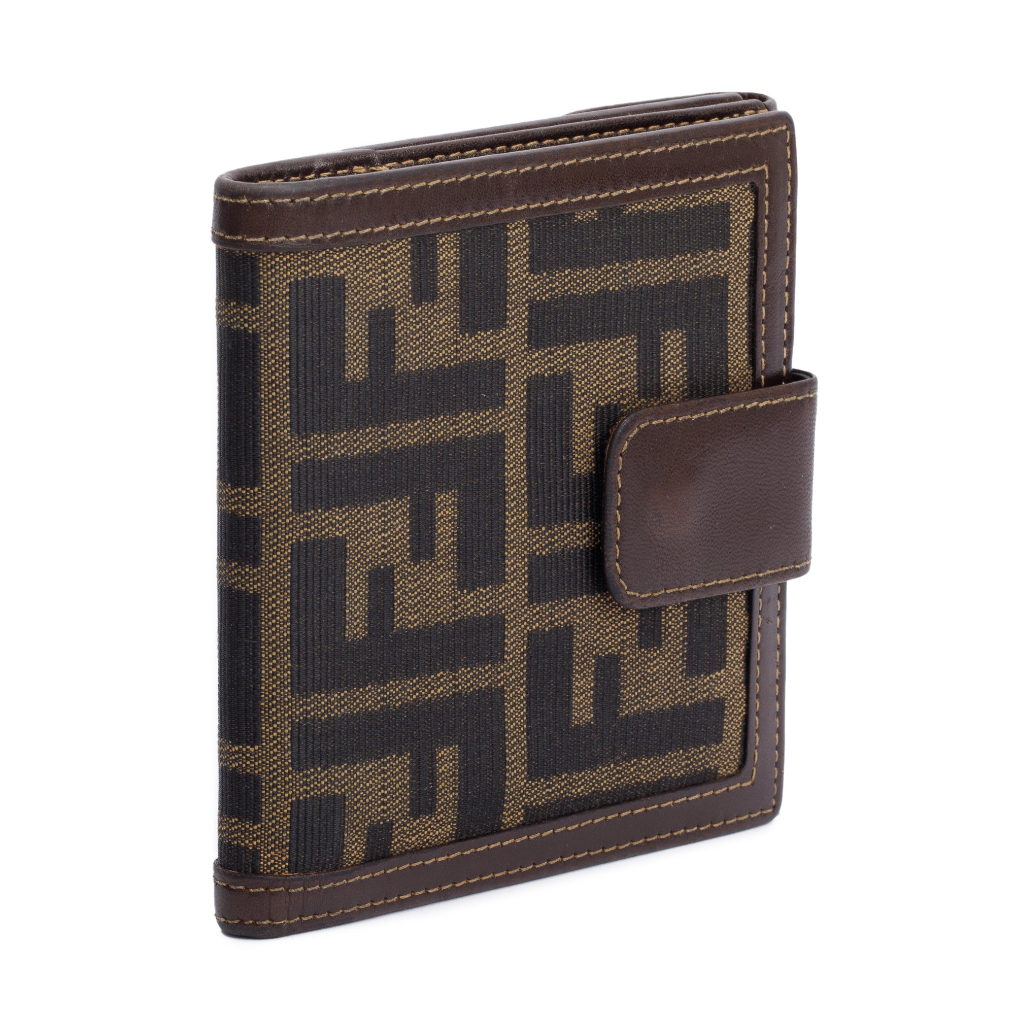 Fendi Brown Leather FF Logo Zucca Canvas Compact Wallet