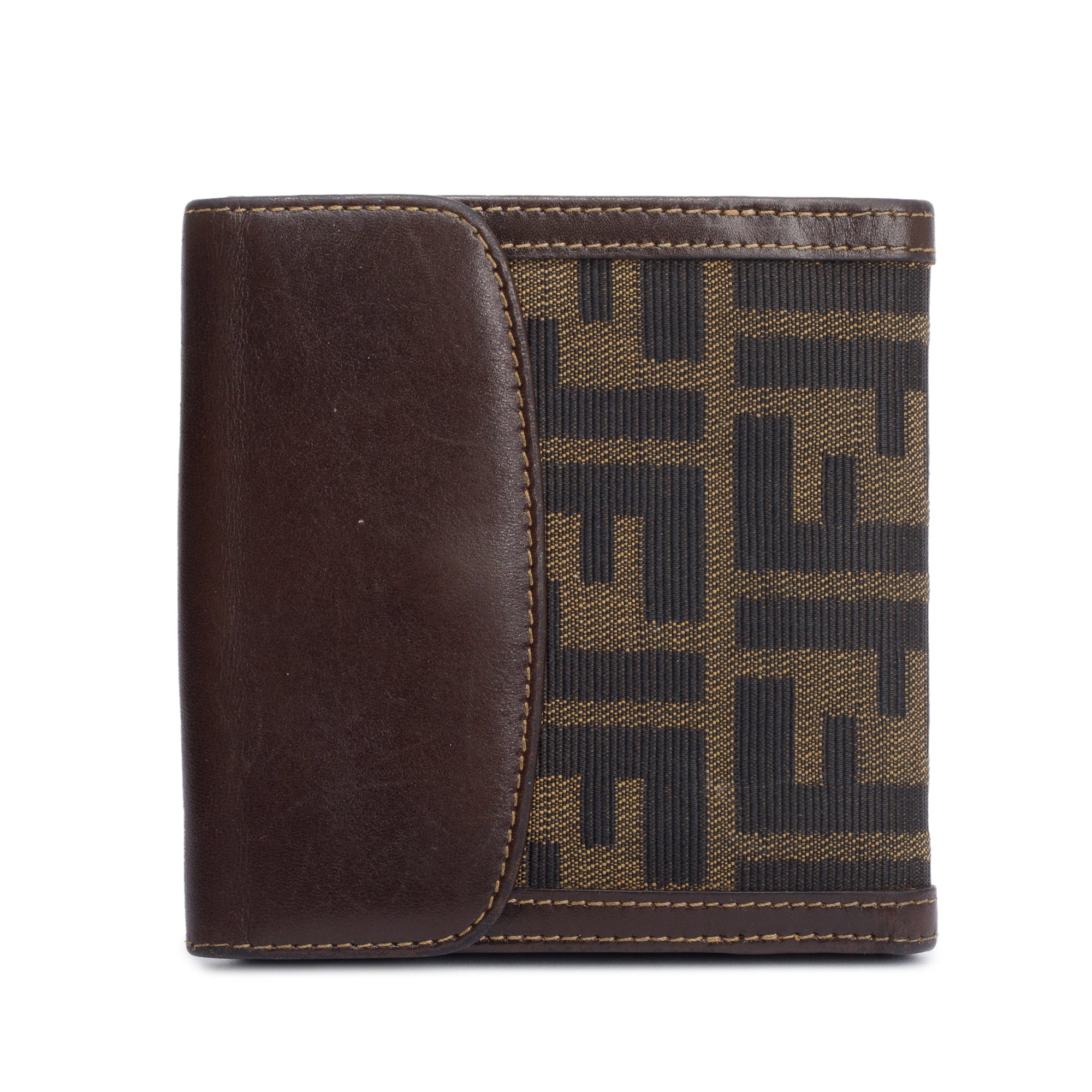 Fendi Brown Leather FF Logo Zucca Canvas Compact Wallet