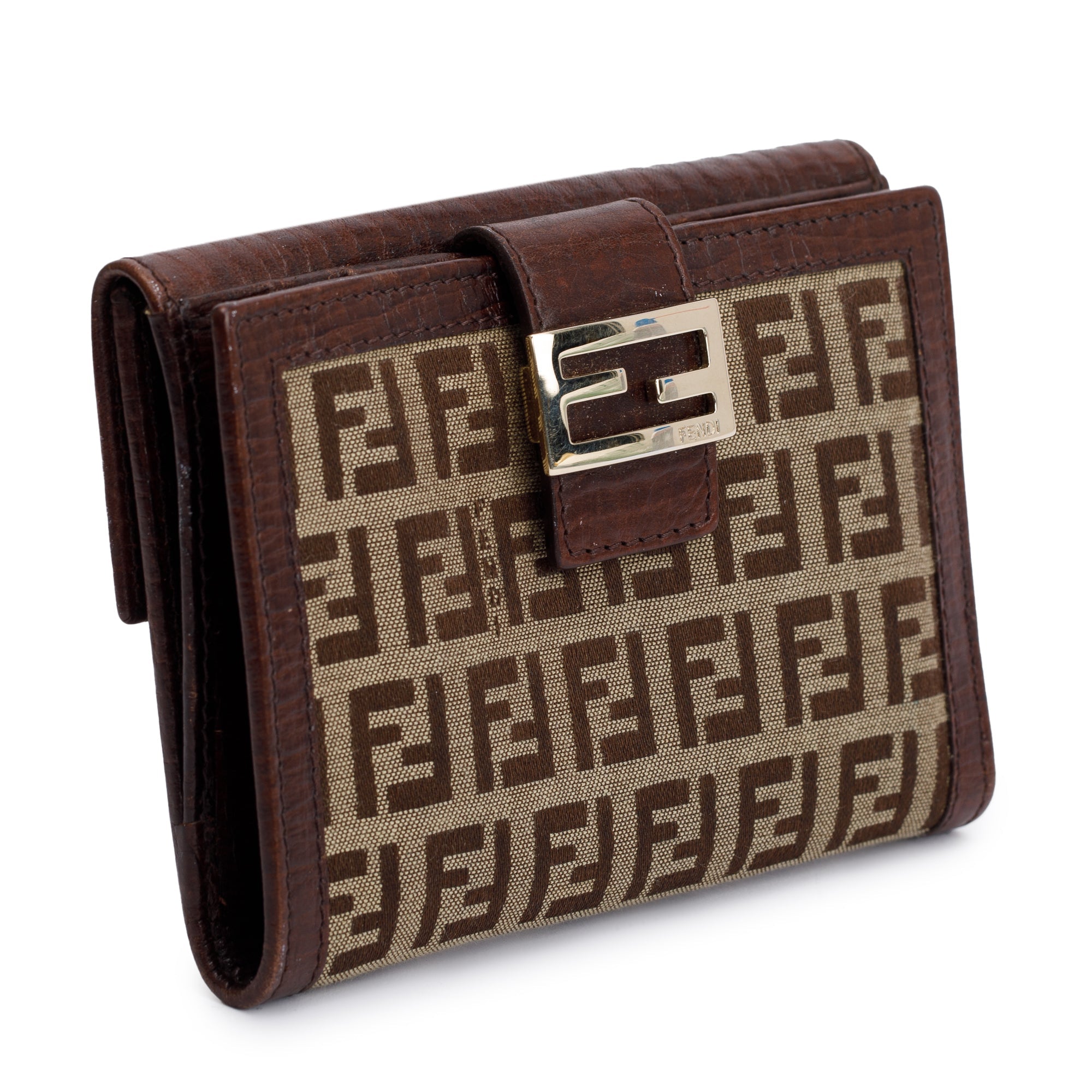 Fendi Brown Leather FF Zucca Canvas Compact Wallet