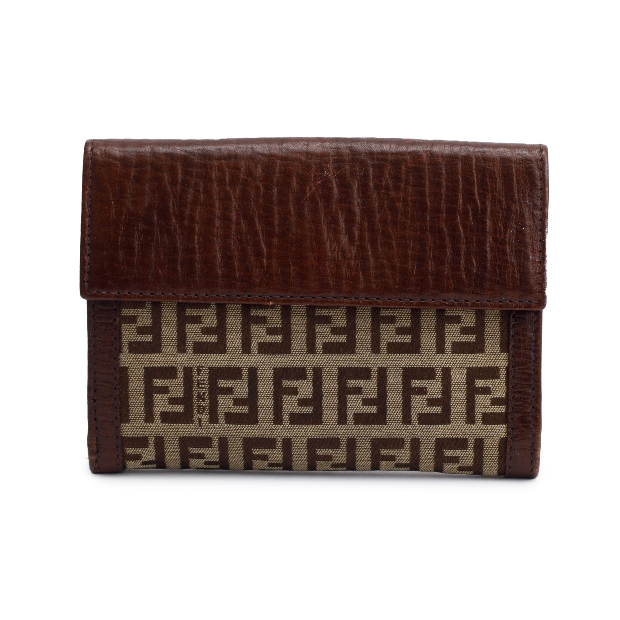Fendi Brown Leather FF Zucca Canvas Compact Wallet