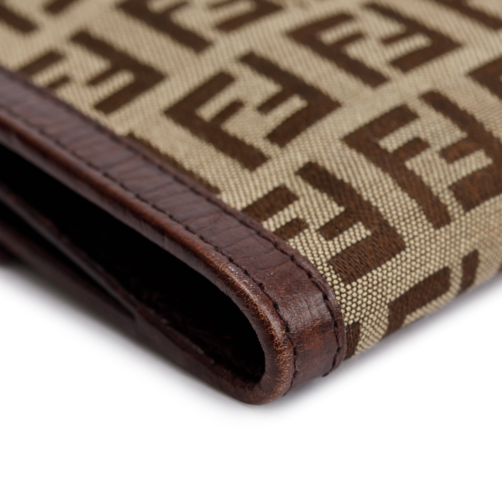 Fendi Brown Leather FF Zucca Canvas Compact Wallet