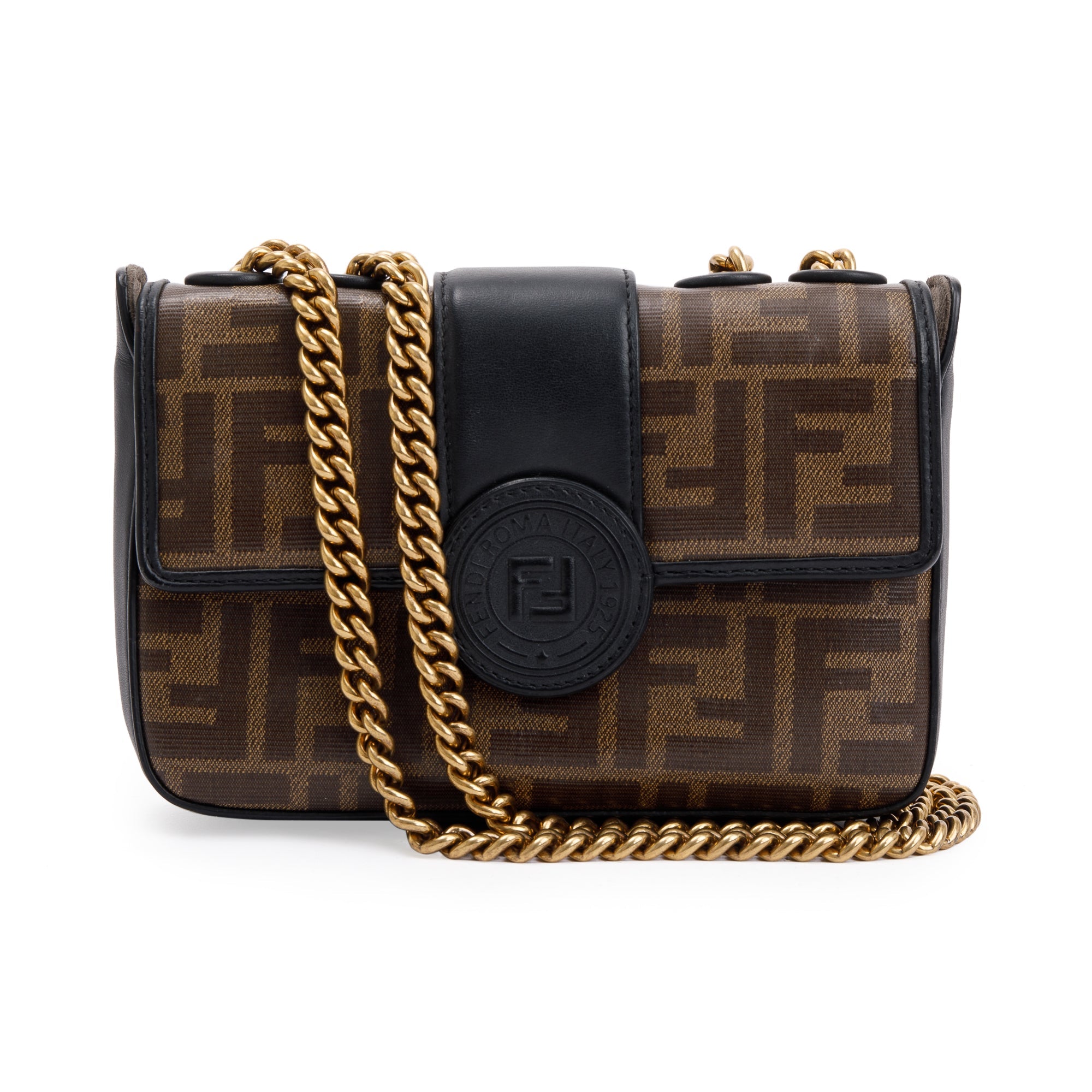 Fendi Brown Zucca Canvas Mini FF 1974 Logo Stamp Flap Shoulder Bag