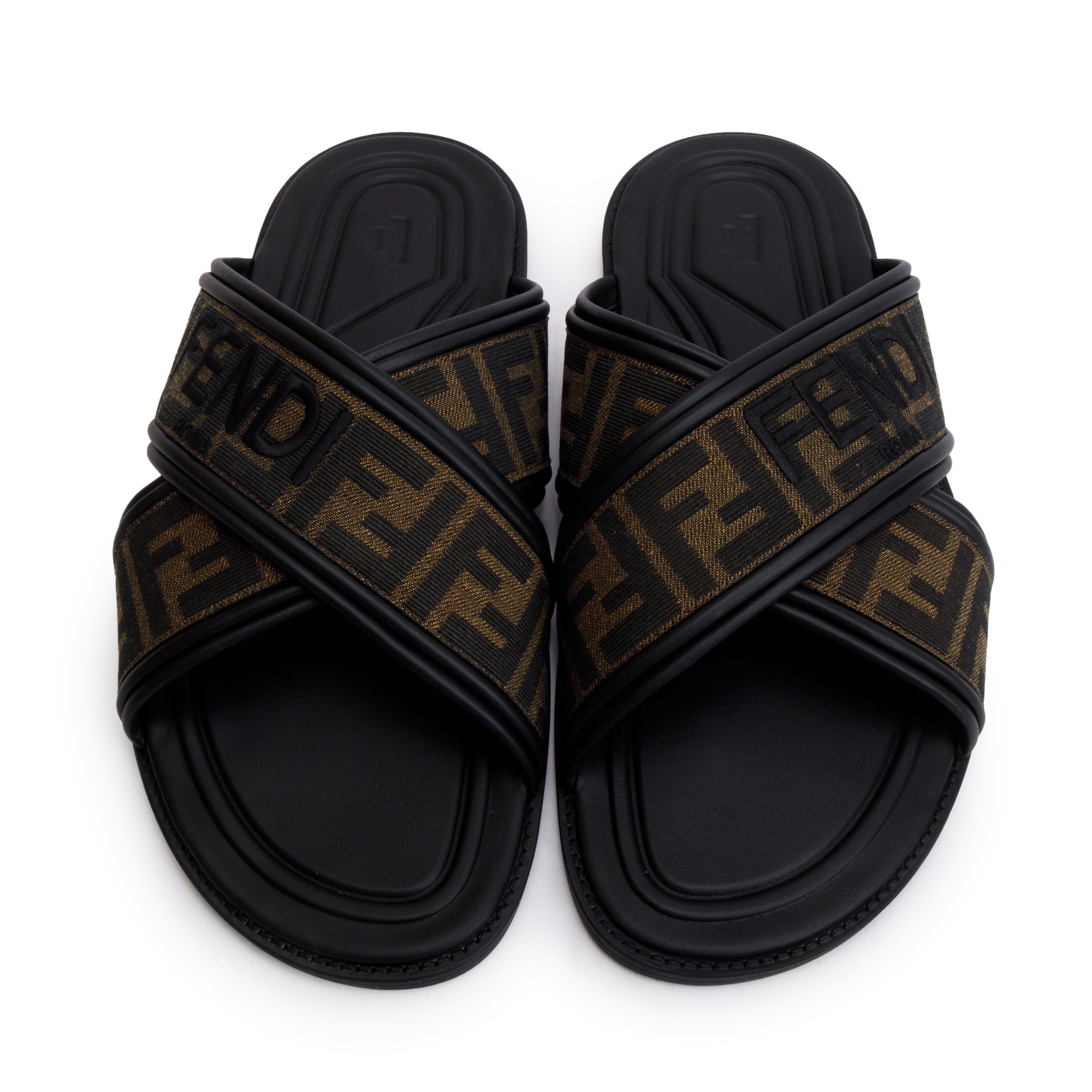 Fendi Brown Zucca FF Logo Canvas Slides, Size 11 w/ Box