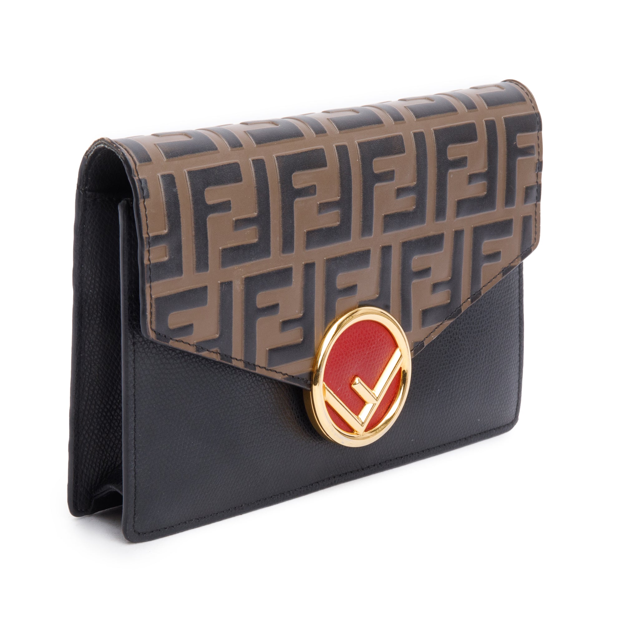 Fendi Brown/Black FF 1974 Embossed Leather F is Fendi Envelope Wallet on Chain