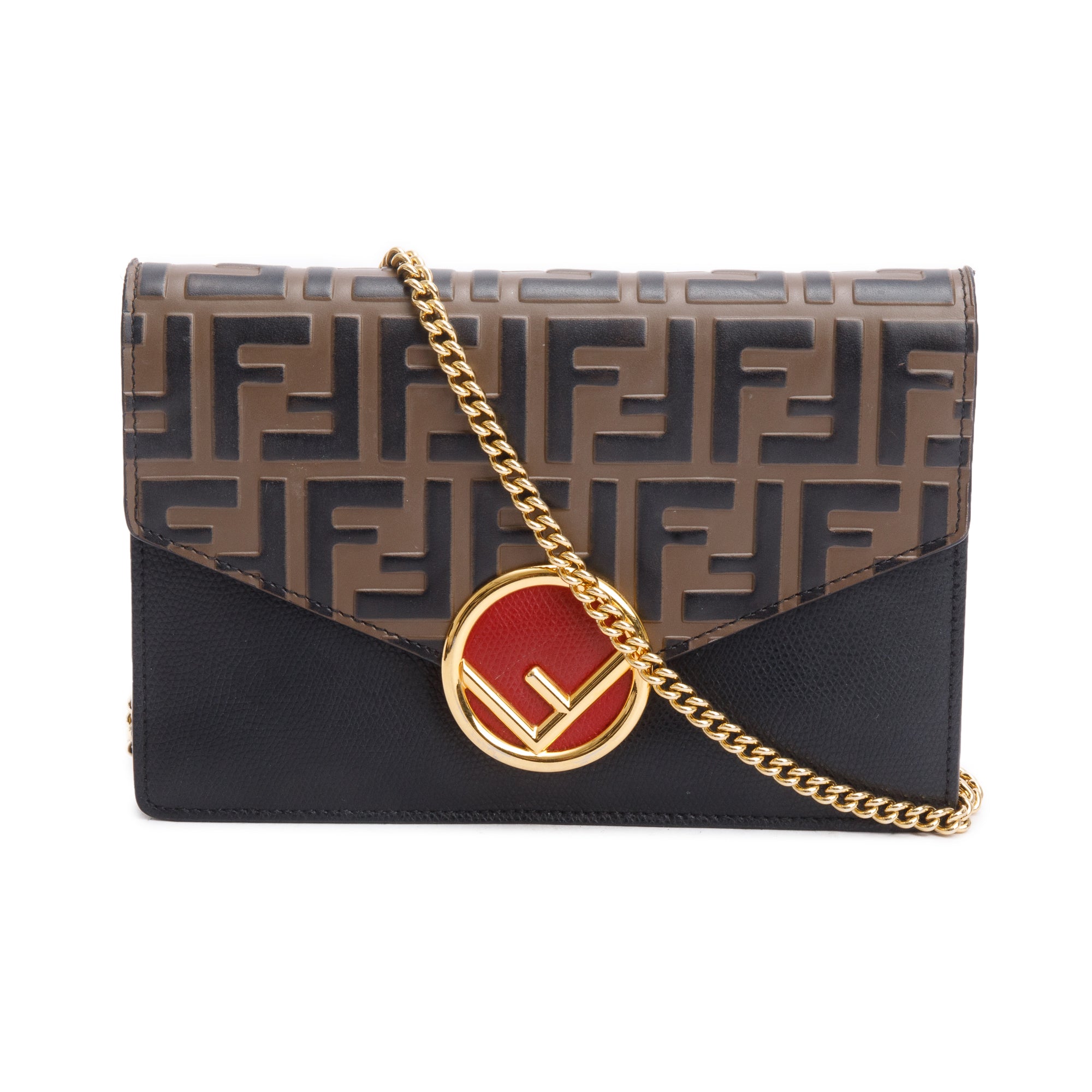 Fendi Brown/Black FF 1974 Embossed Leather F is Fendi Envelope Wallet on Chain