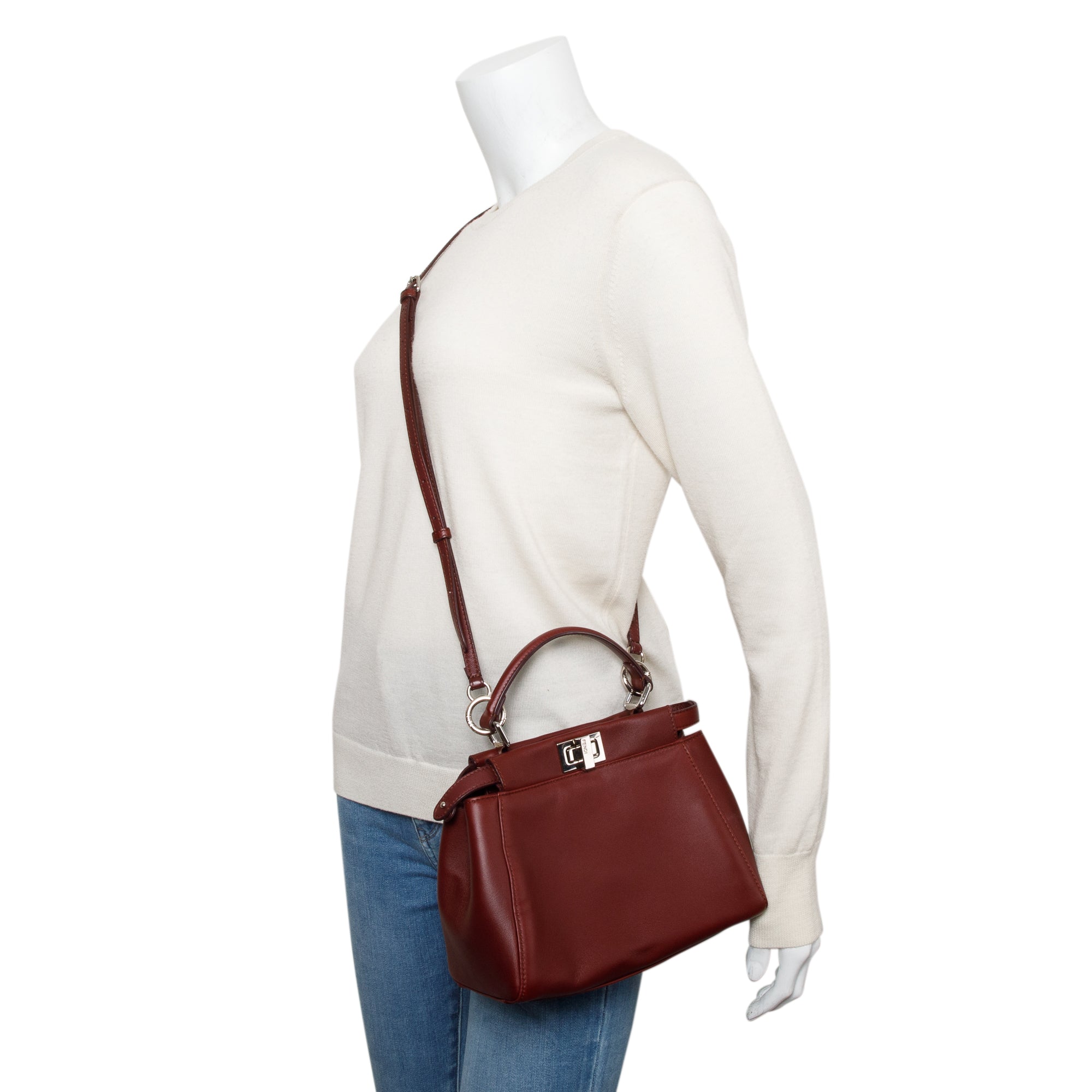 Fendi Burgundy Calfskin Leather Mini Peekaboo Bag w/ Strap & Receipt