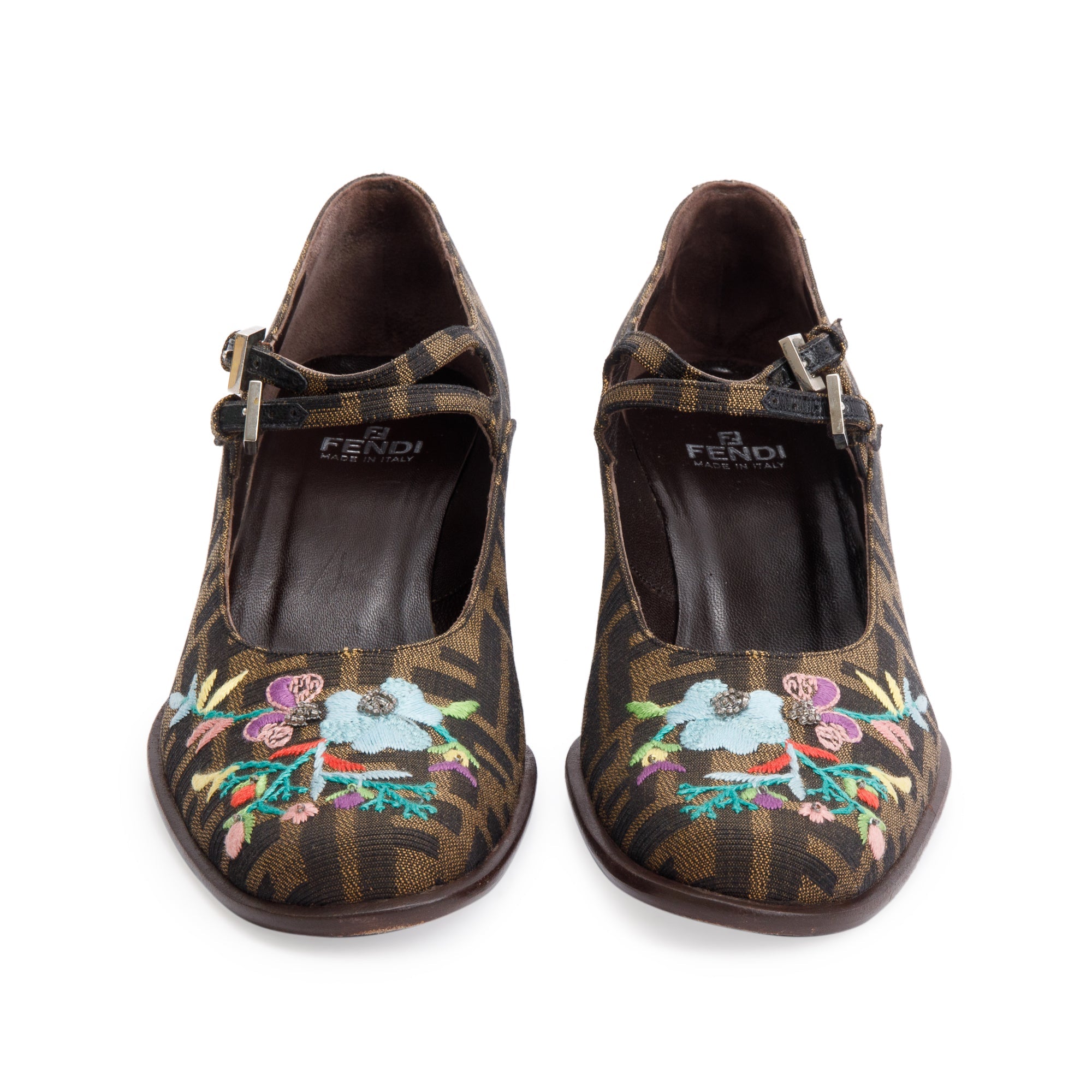 Fendi Embroidered FF Zucca Canvas Mary Jane Pumps, Size 10 w/ Box