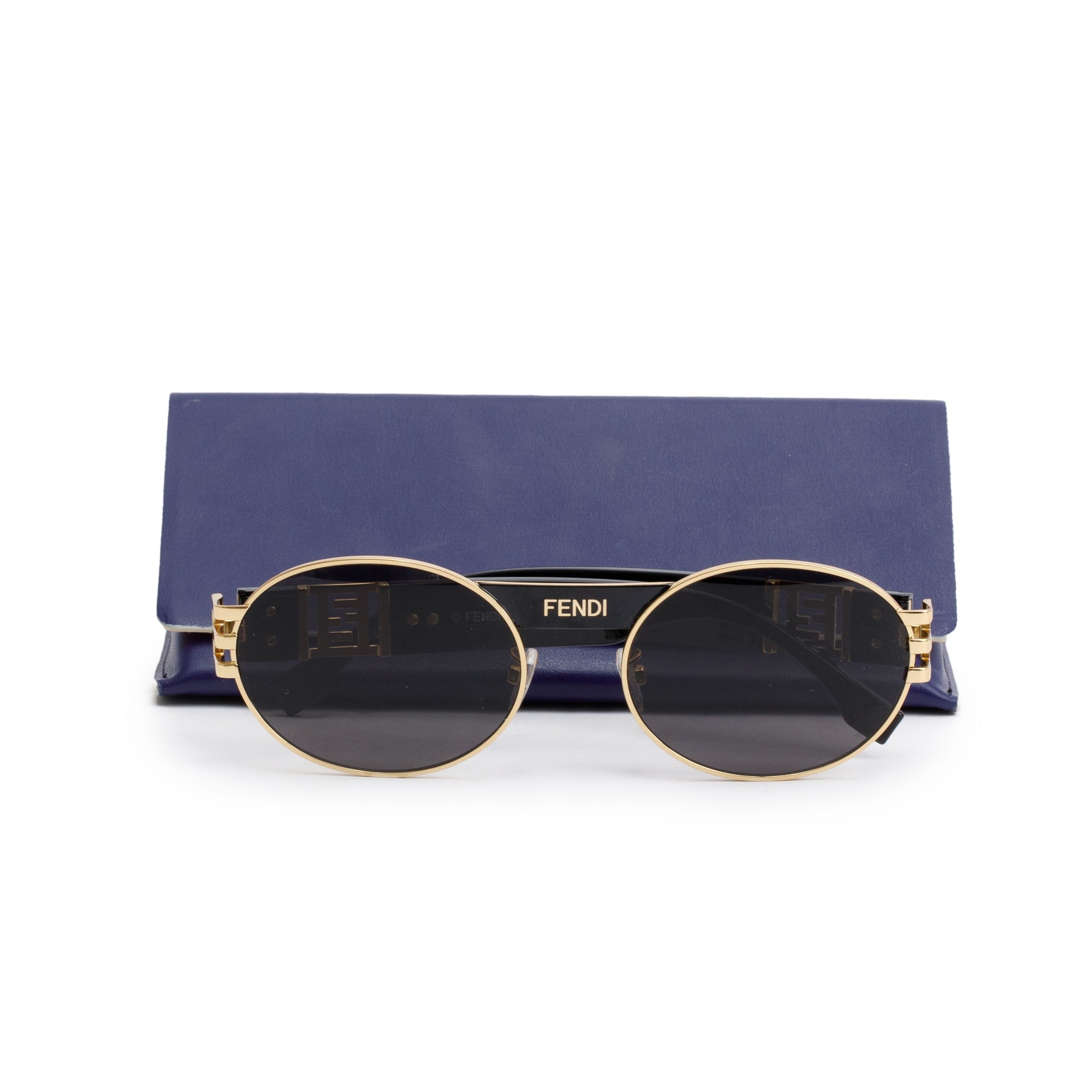 Fendi FE40052U Gold-Tone Metal Black Acetate Zucca FF Logo Round Sunglasses w/ Case