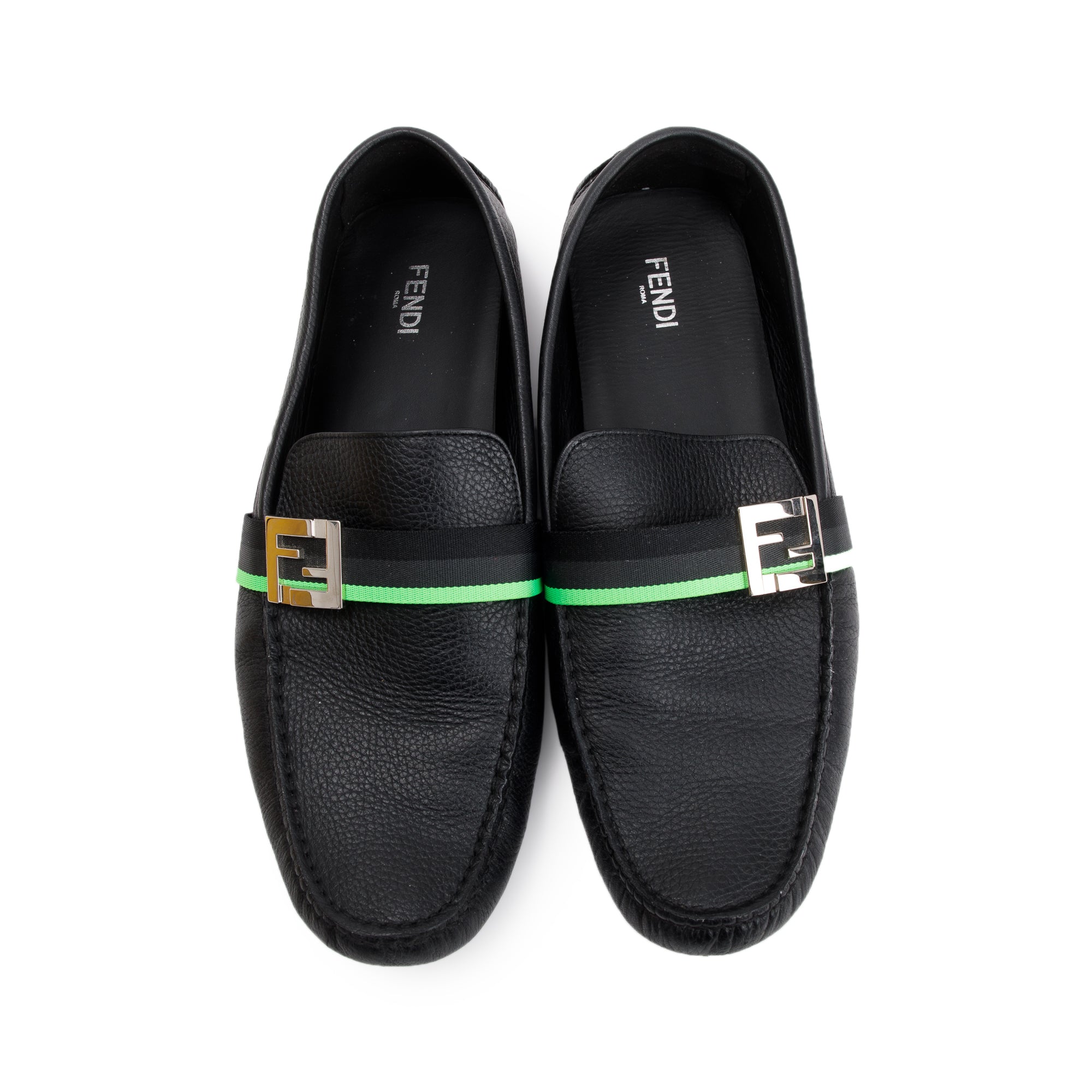 Fendi FF Black Leather Loafers, Size 11 w/ Box