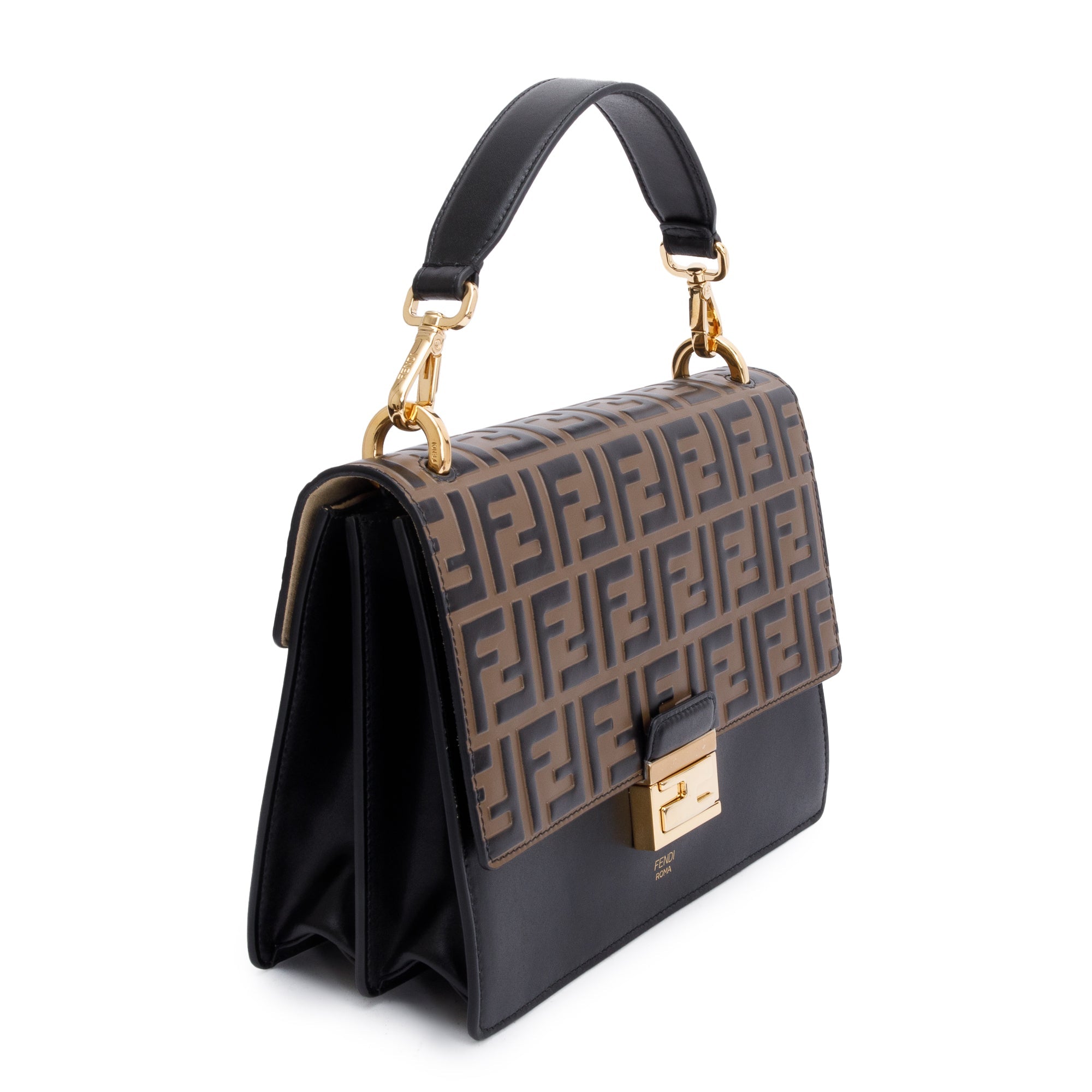 Fendi FF Embossed & Black Calfskin Leather Kan I Shoulder Bag w/ Straps