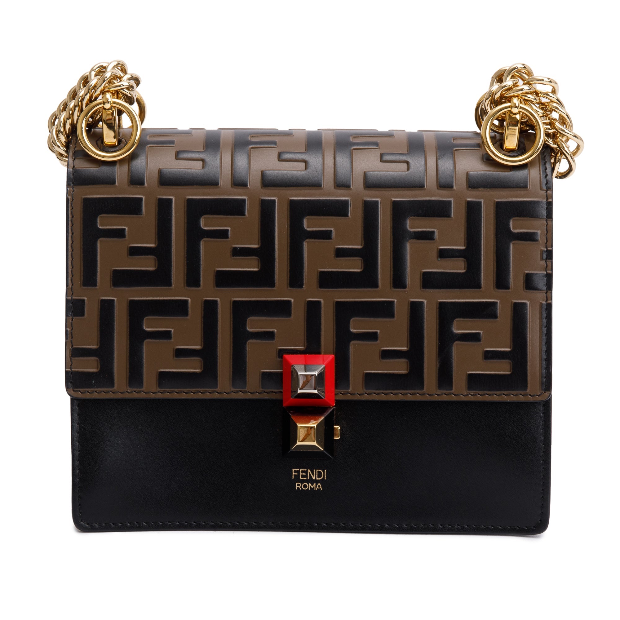 Fendi FF Embossed & Black Calfskin Leather Small Kan I Shoulder Bag