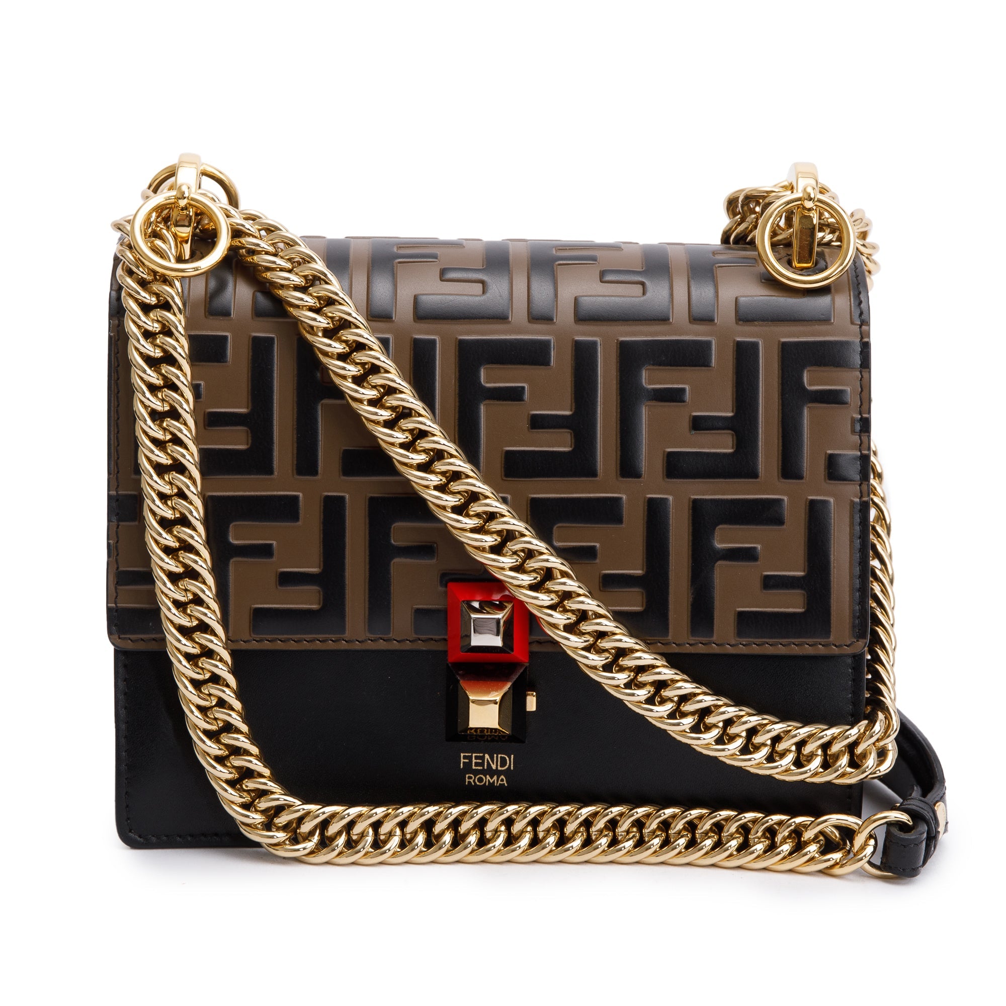 Fendi FF Embossed & Black Calfskin Leather Small Kan I Shoulder Bag