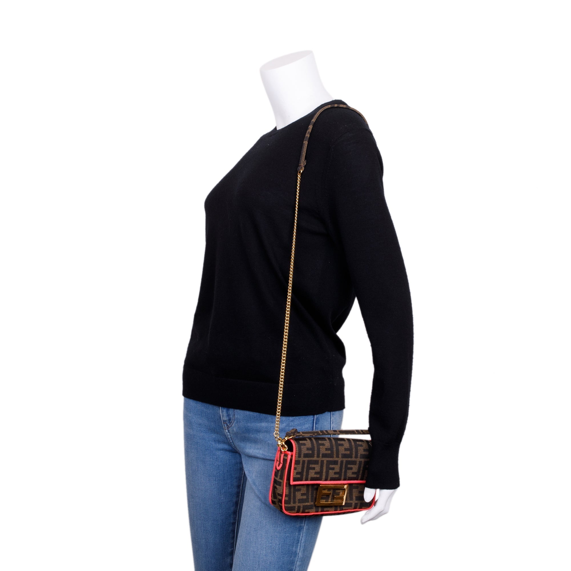 Fendi FF Zucca Canvas Mini Chain Baguette Crossbody Bag