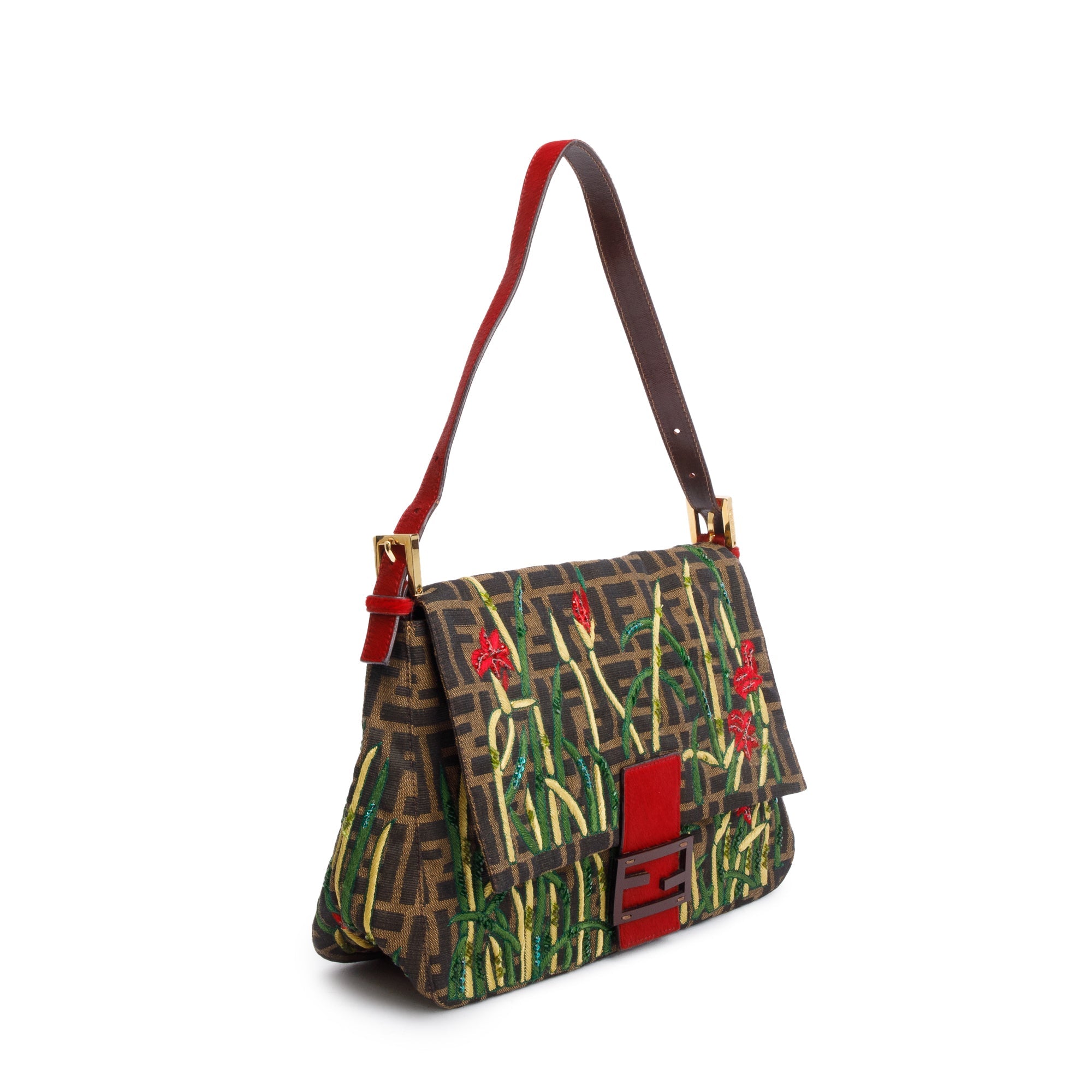 Fendi FF Zucca Floral Embroidered Beaded Mama Forever Baguette Shoulder Bag