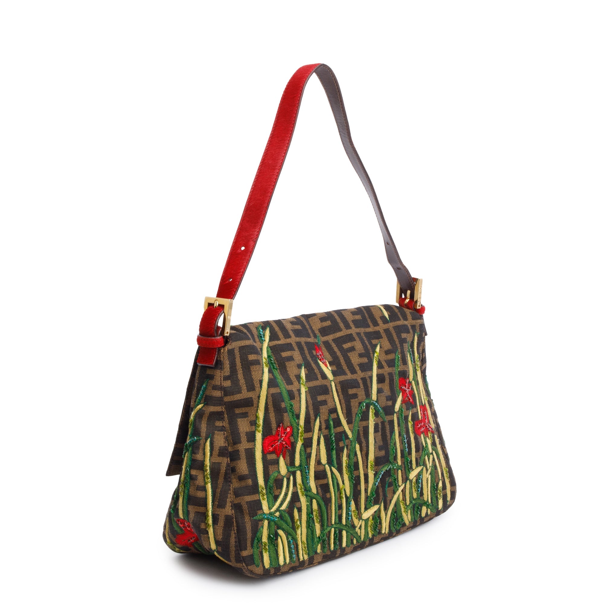 Fendi FF Zucca Floral Embroidered Beaded Mama Forever Baguette Shoulder Bag