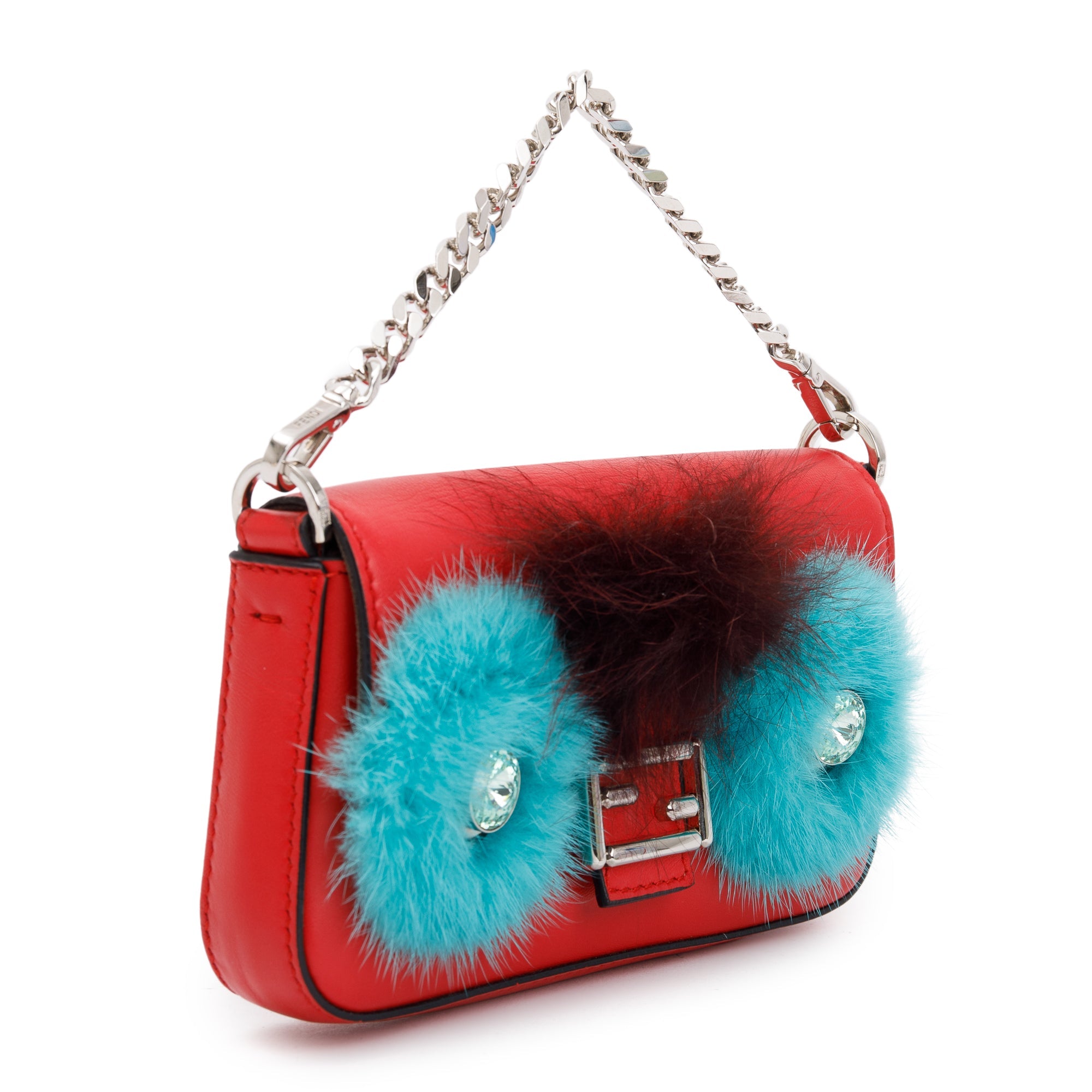 Fendi Fur-Trimmed Red Calfskin Leather Micro Buggie Baguette Crossbody