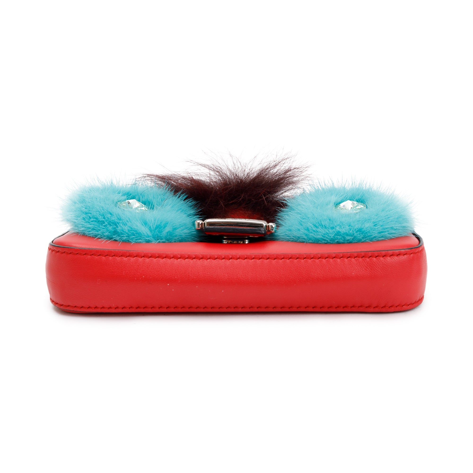 Fendi Fur-Trimmed Red Calfskin Leather Micro Buggie Baguette Crossbody