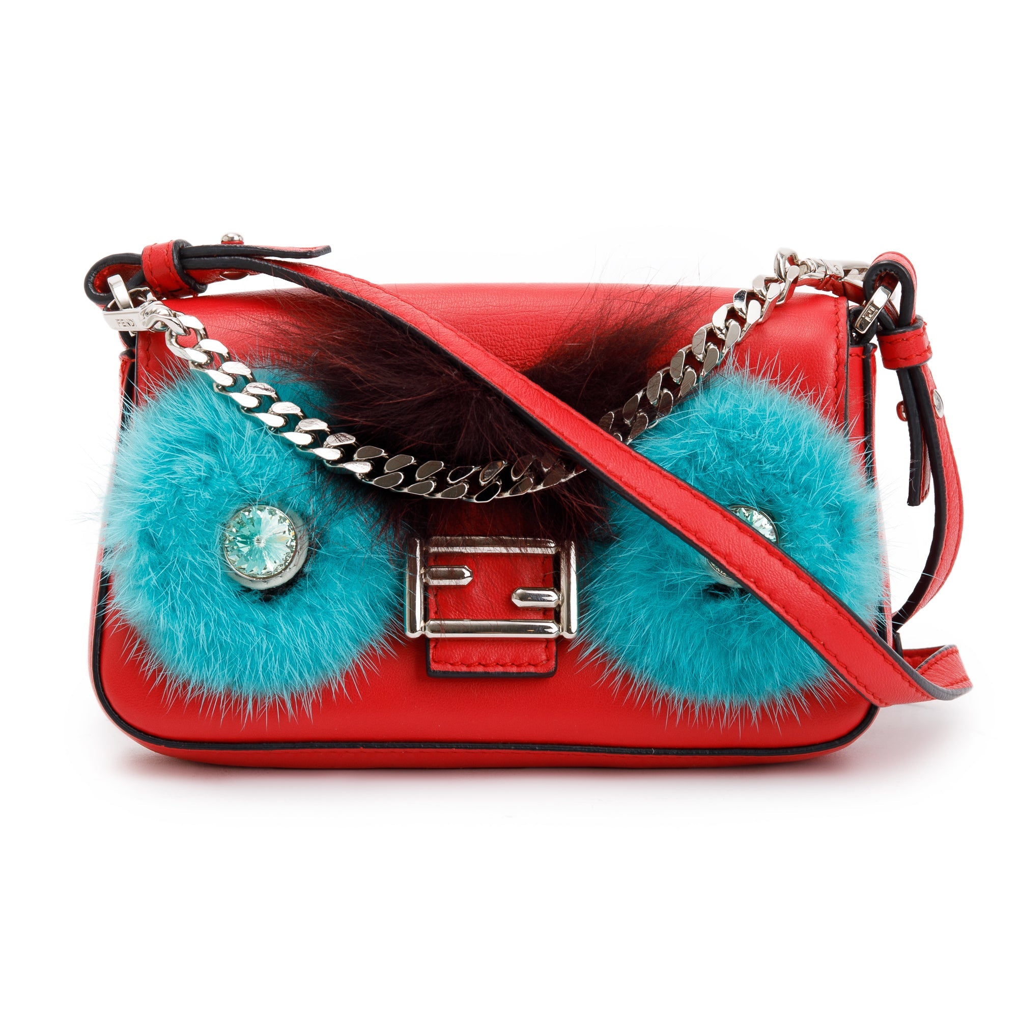 Fendi Fur-Trimmed Red Calfskin Leather Micro Buggie Baguette Crossbody