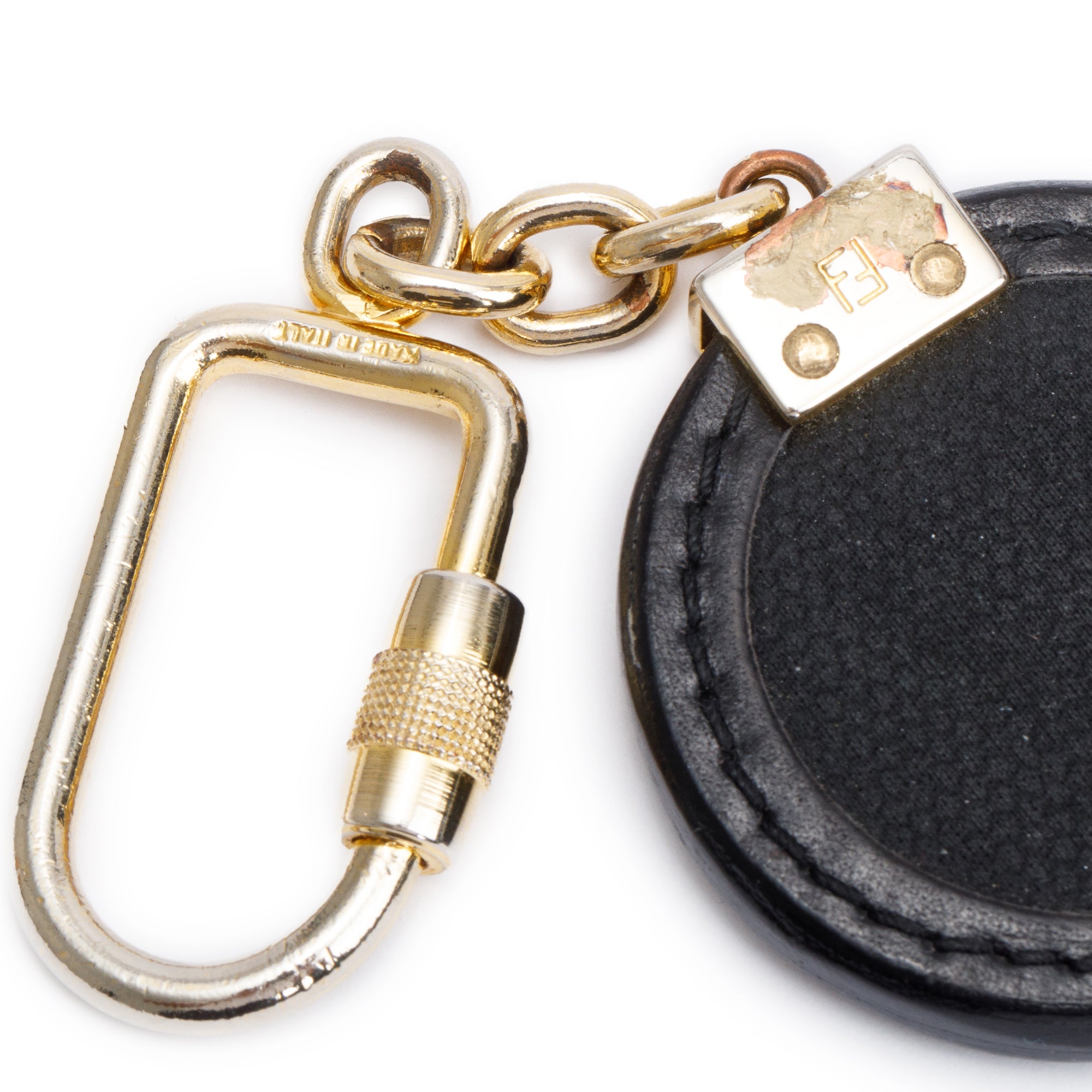 Fendi Gold-Plated Black Leather Logo Stamp Keychain