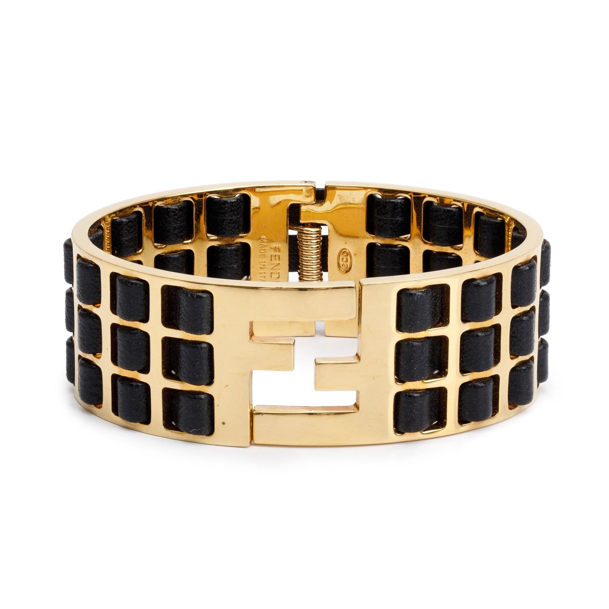 Fendi Gold-Tone Metal & Black Leather Fendista Braided Cuff Bracelet