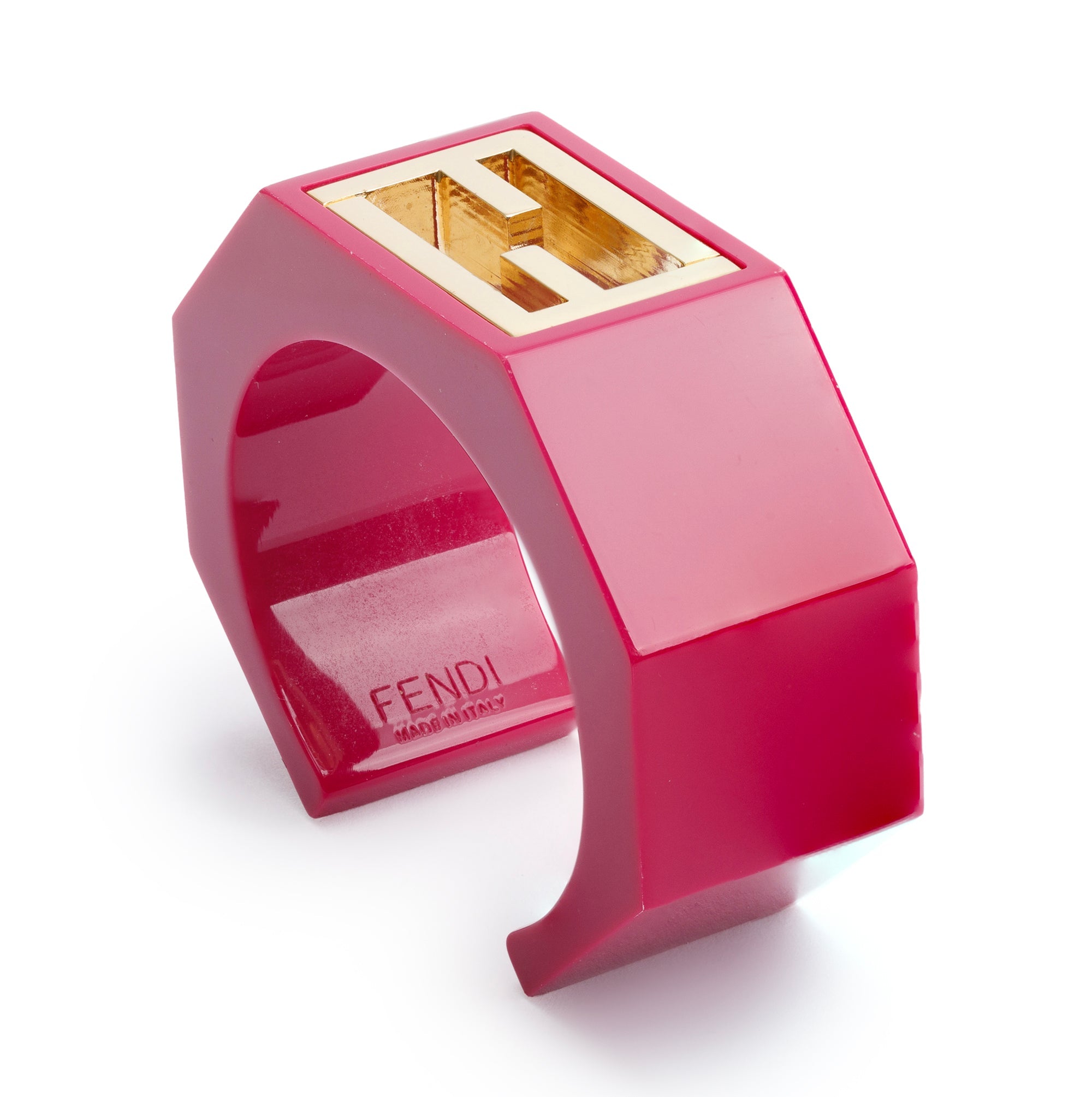 Fendi Gold-Tone Metal Pink Resin FF Cuff Bracelet