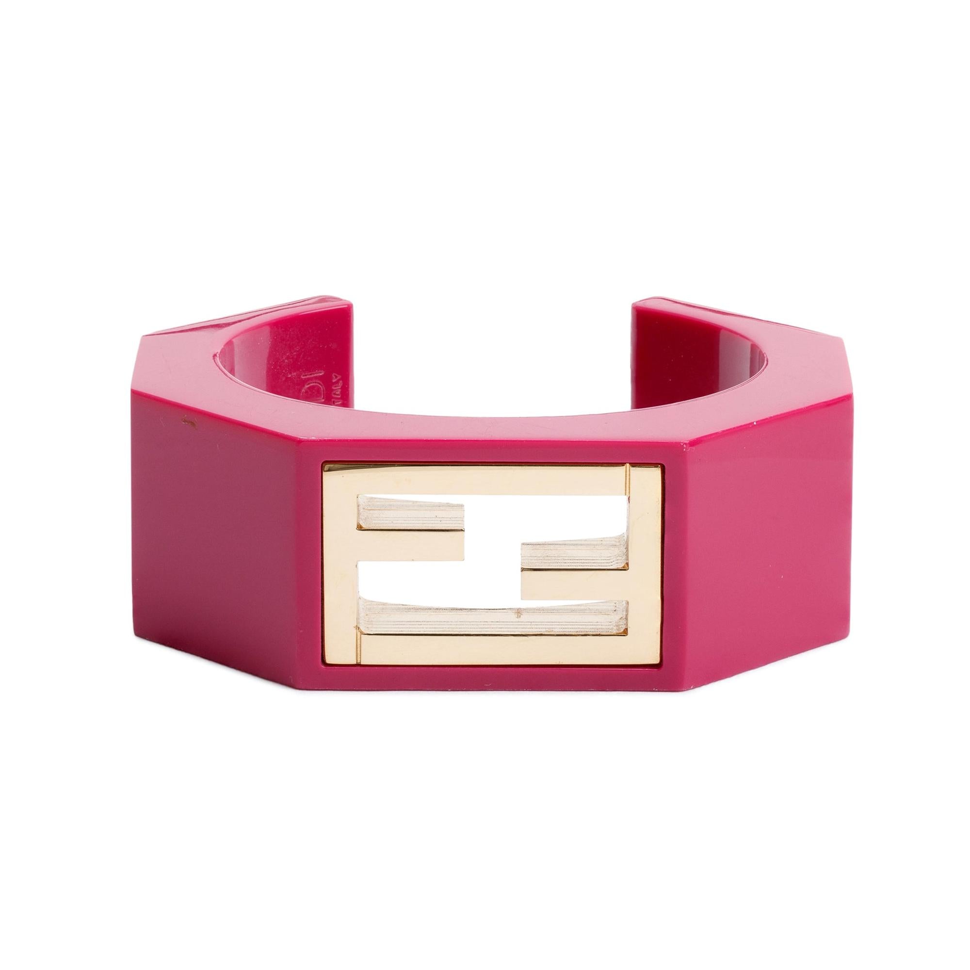 Fendi Gold-Tone Metal Pink Resin FF Cuff Bracelet