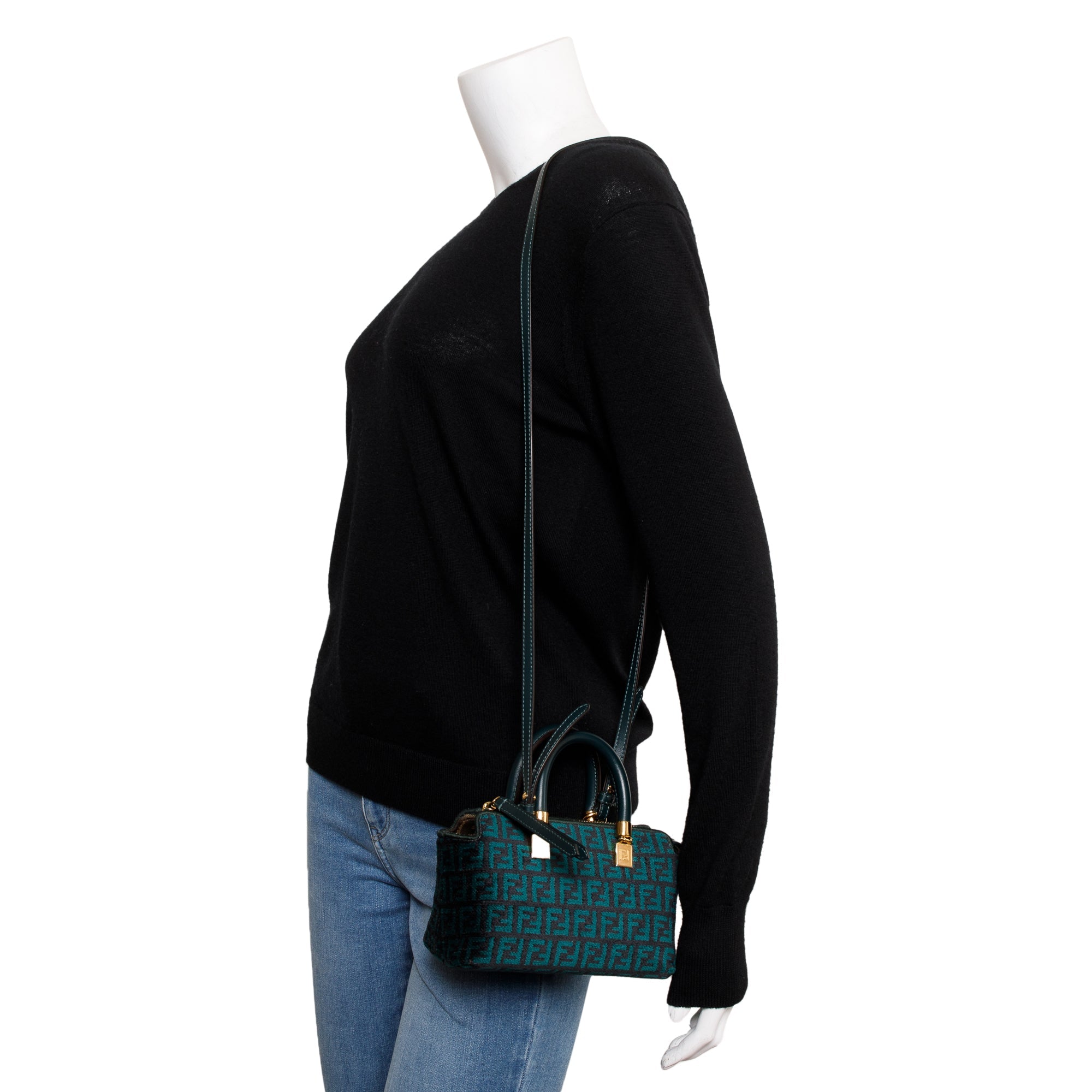 Fendi Green FF Motif Tapestry Fabric By the Way Mini Boston Bag w/ Strap & Box