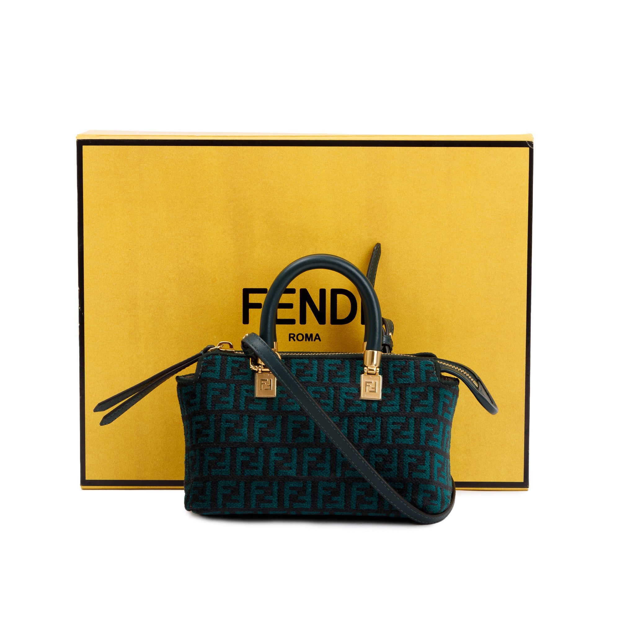Fendi Green FF Motif Tapestry Fabric By the Way Mini Boston Bag w/ Strap & Box