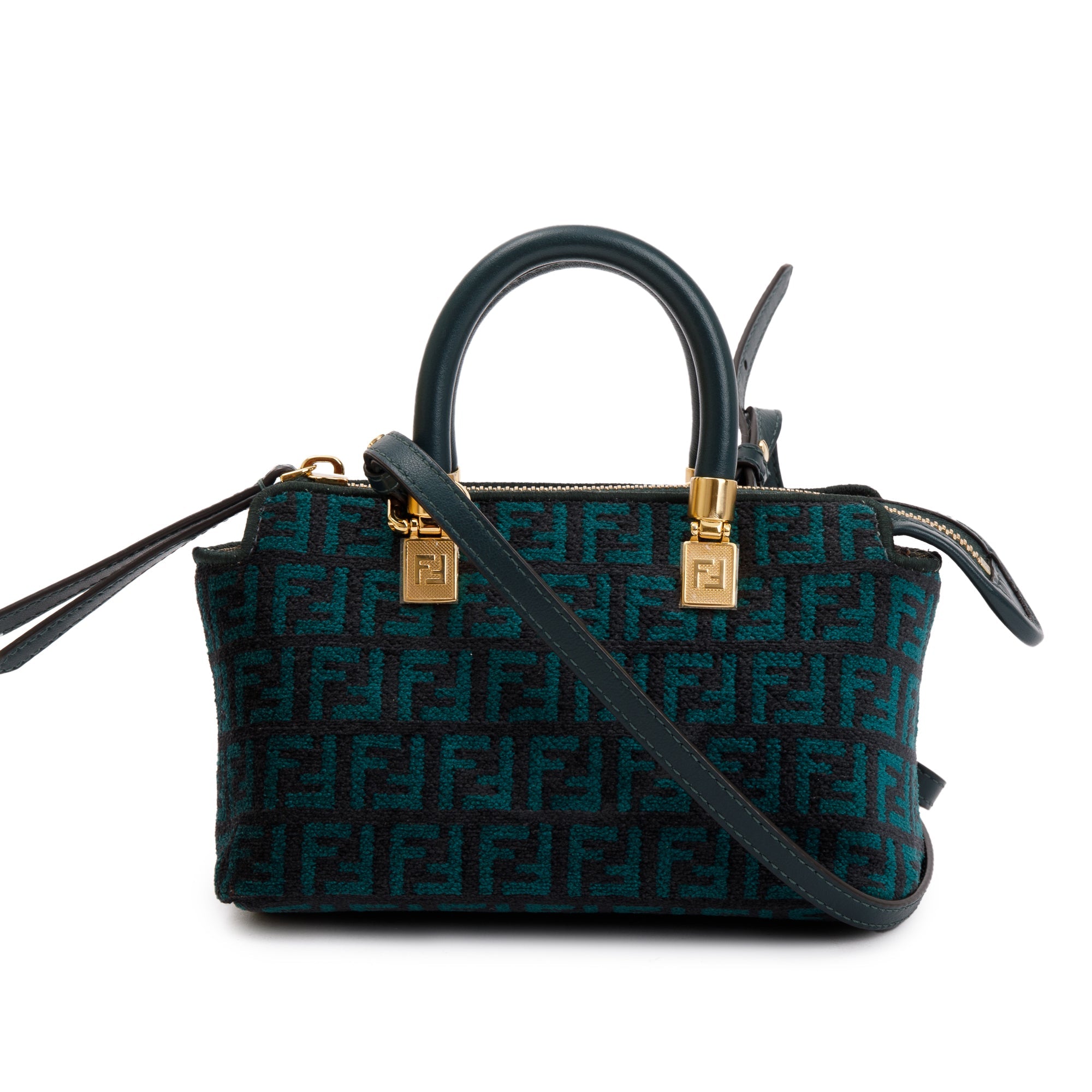 Fendi Green FF Motif Tapestry Fabric By the Way Mini Boston Bag w/ Strap & Box