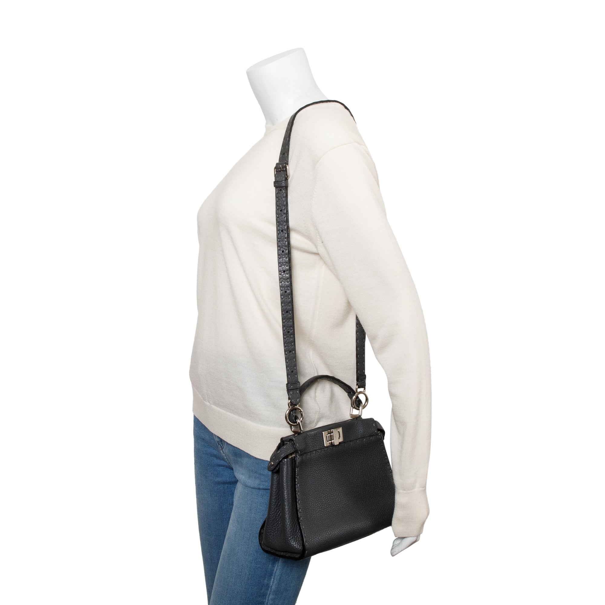 Fendi Grey Calfskin Leather Mini Selleria Peekaboo Bag w/ Strap