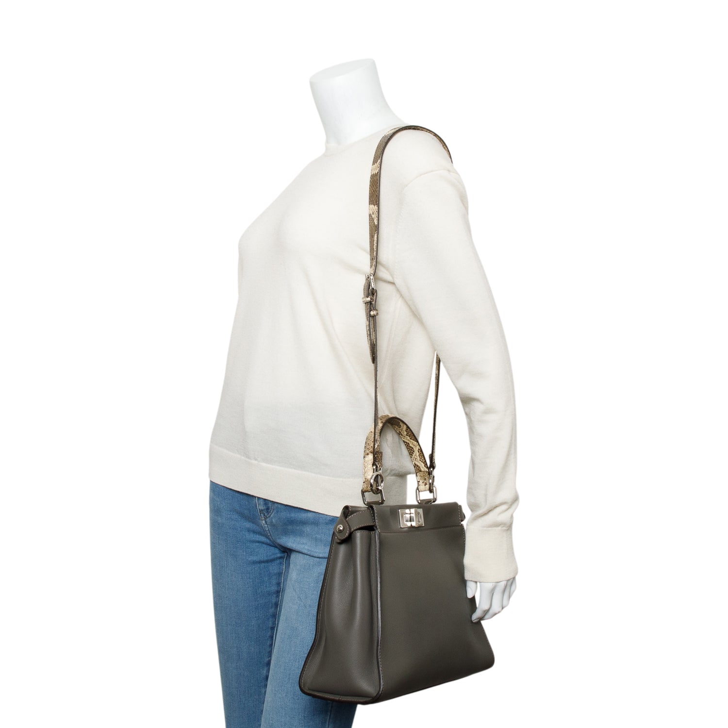 Fendi Grey Calfskin Leather Python Trim Medium Peekaboo Bag w/ Strap