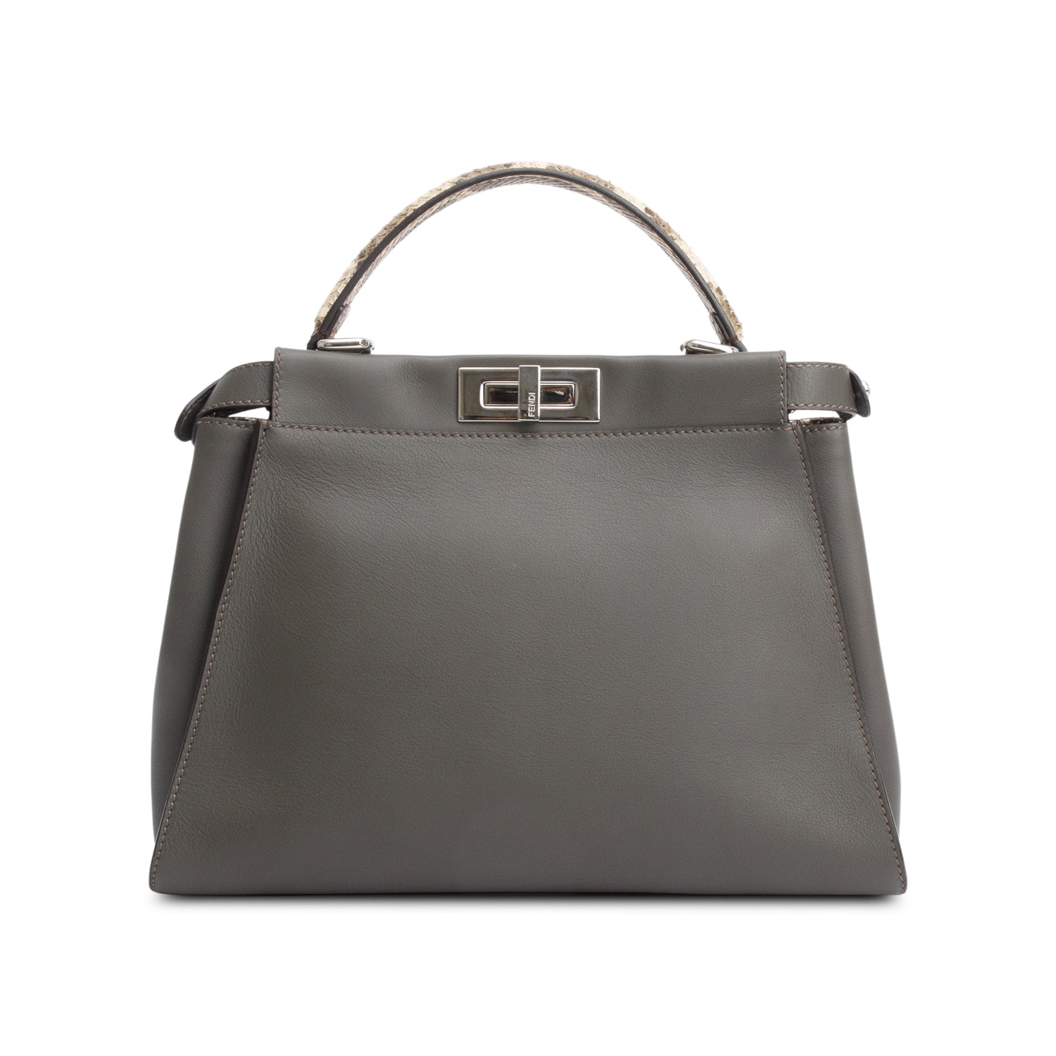 Fendi Grey Calfskin Leather Python Trim Medium Peekaboo Bag w/ Strap