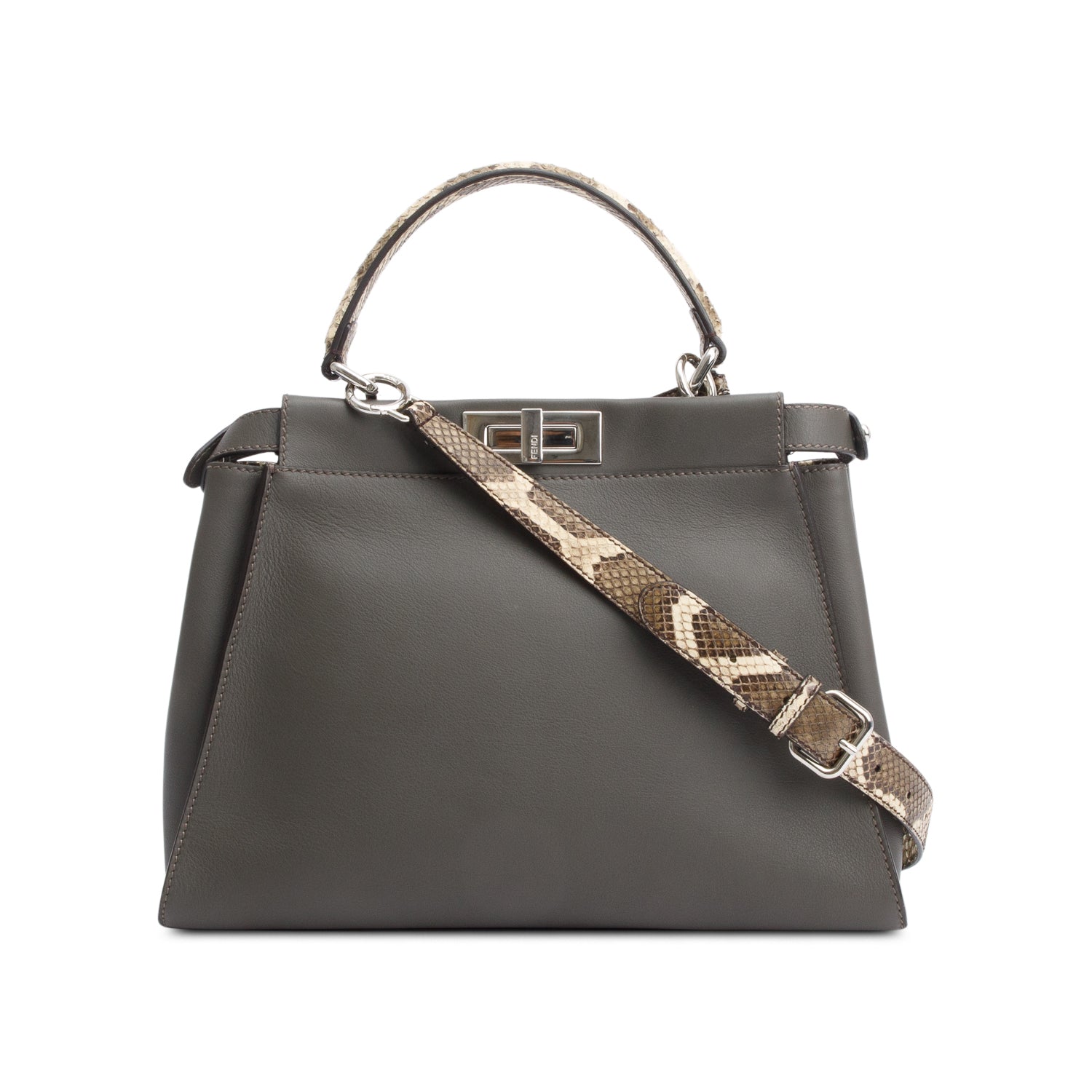 Fendi Grey Calfskin Leather Python Trim Medium Peekaboo Bag w/ Strap