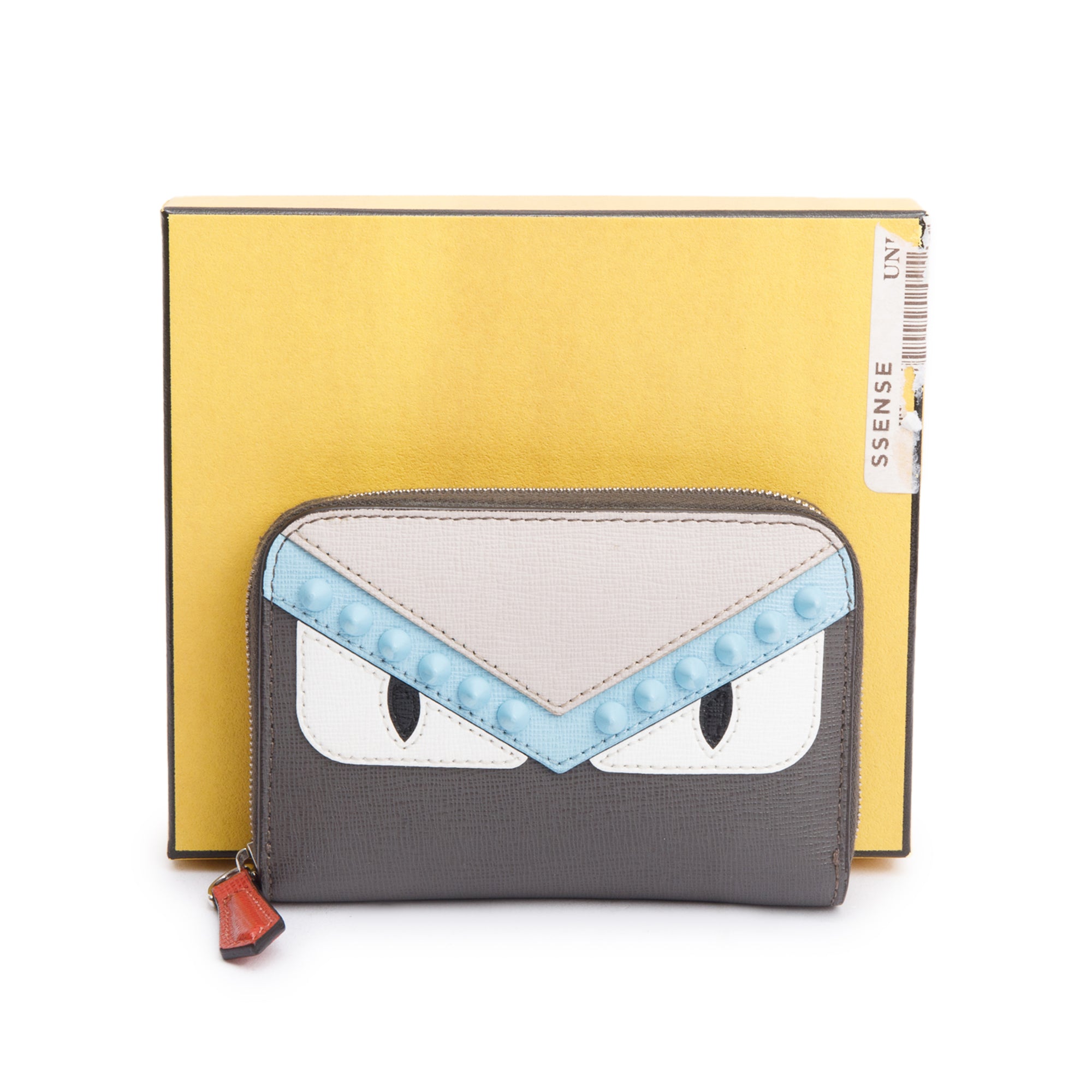 Fendi Grey & Multicolor Vitello Elite Leather Monster Eye Compact Zipped Wallet w/ Box