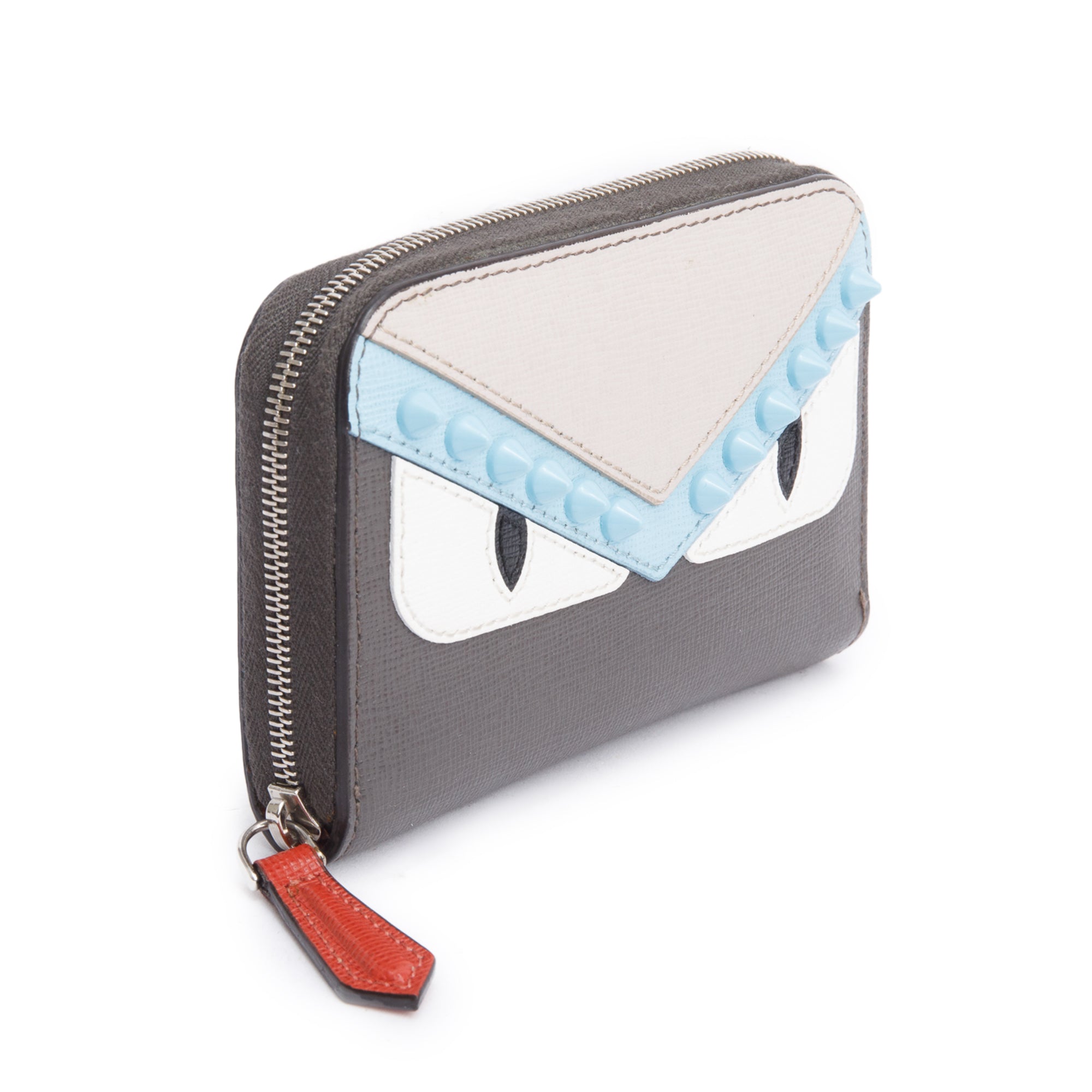 Fendi Grey & Multicolor Vitello Elite Leather Monster Eye Compact Zipped Wallet w/ Box