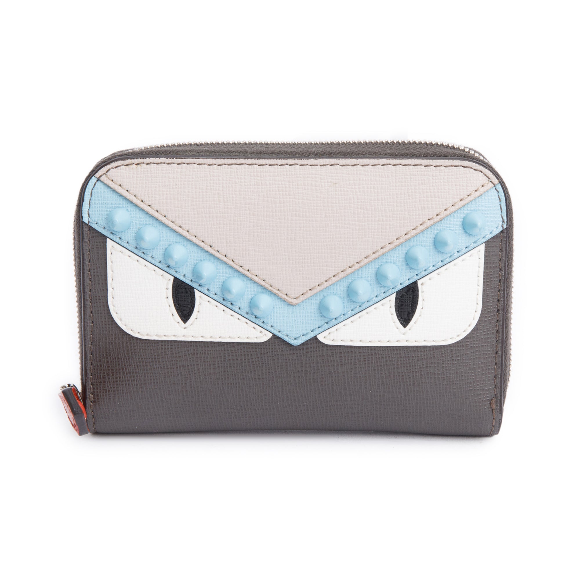 Fendi Grey & Multicolor Vitello Elite Leather Monster Eye Compact Zipped Wallet w/ Box