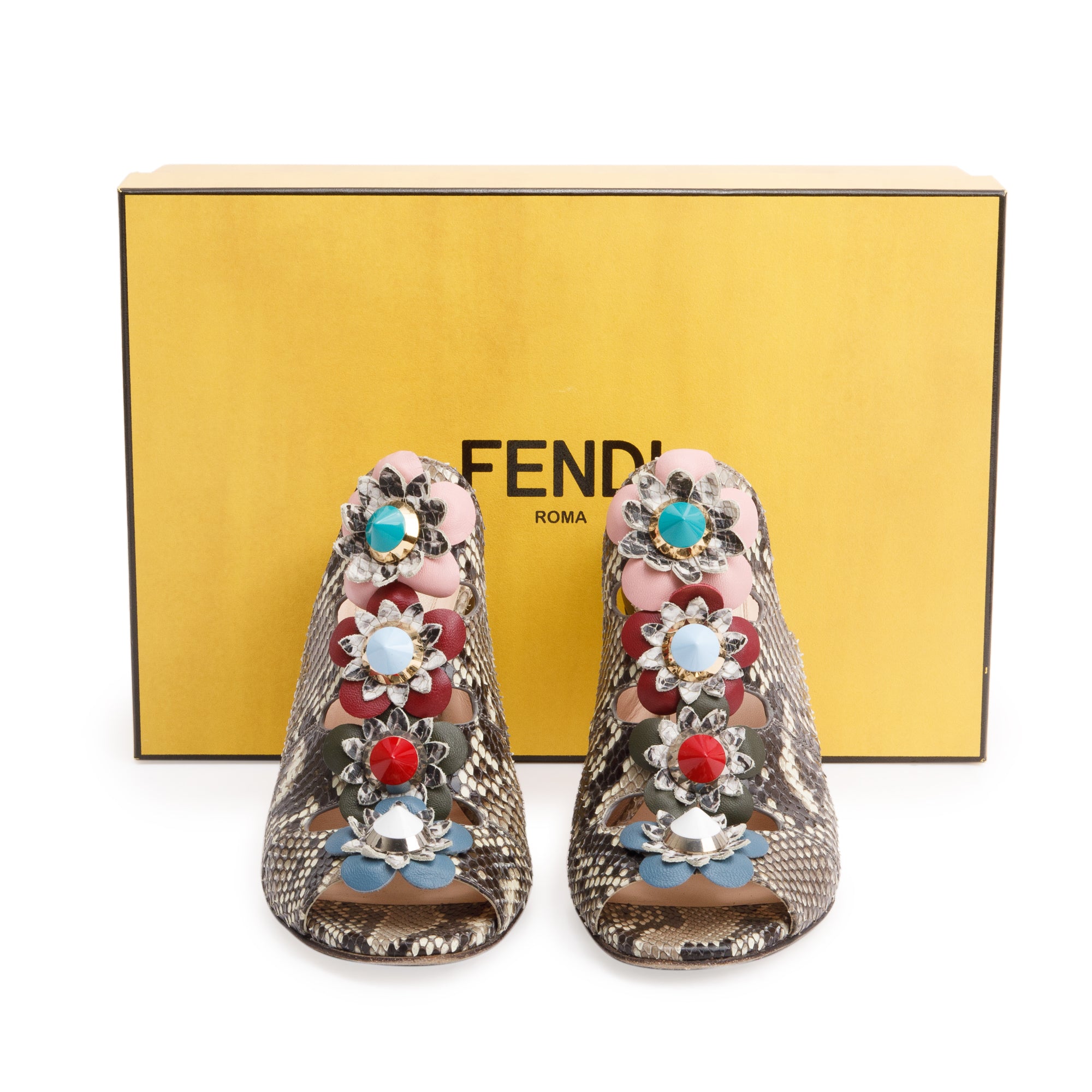 Fendi Grey Python Flowerland Embellished Heeled Slide Sandals, Size 35 w/ Box