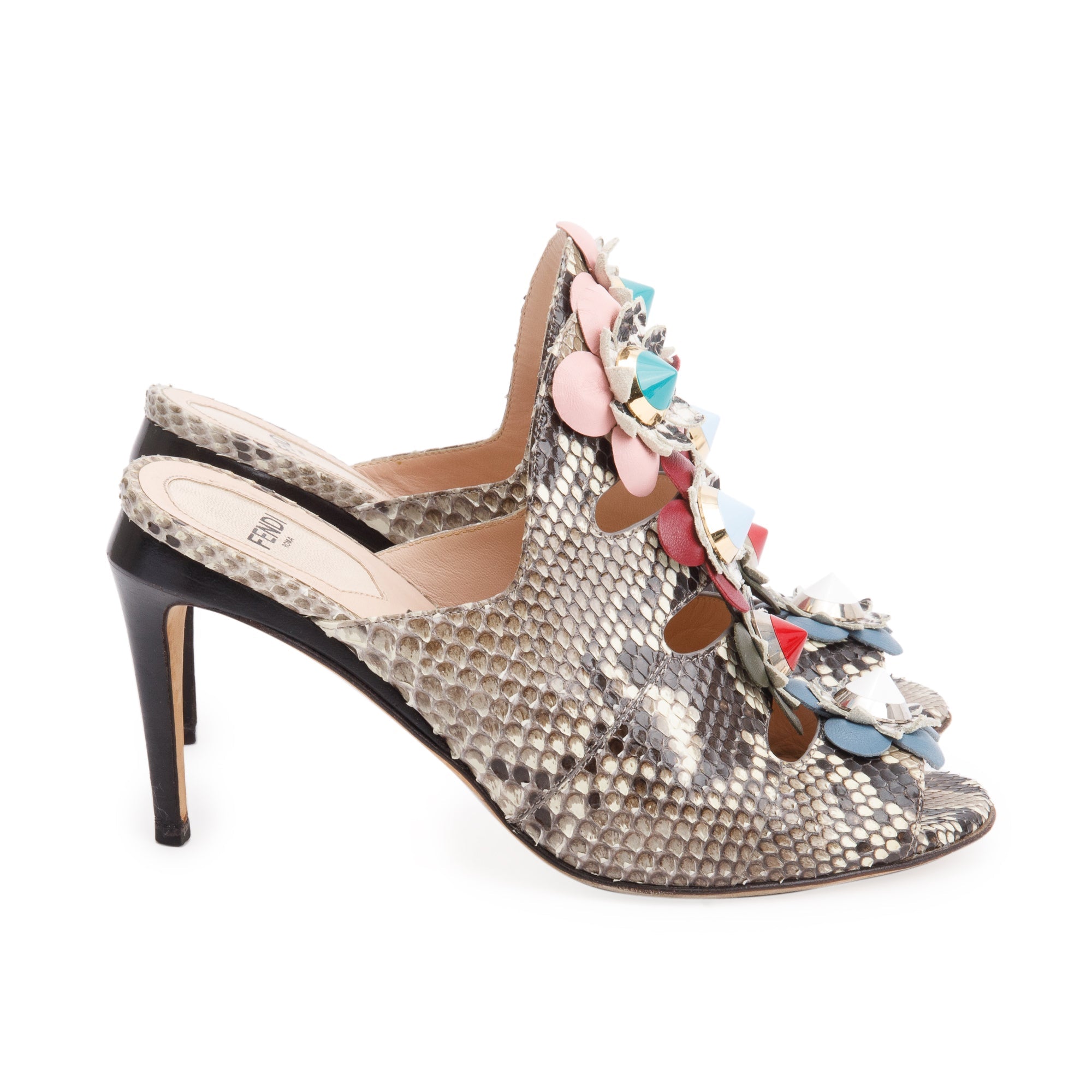 Fendi Grey Python Flowerland Embellished Heeled Slide Sandals, Size 35 w/ Box